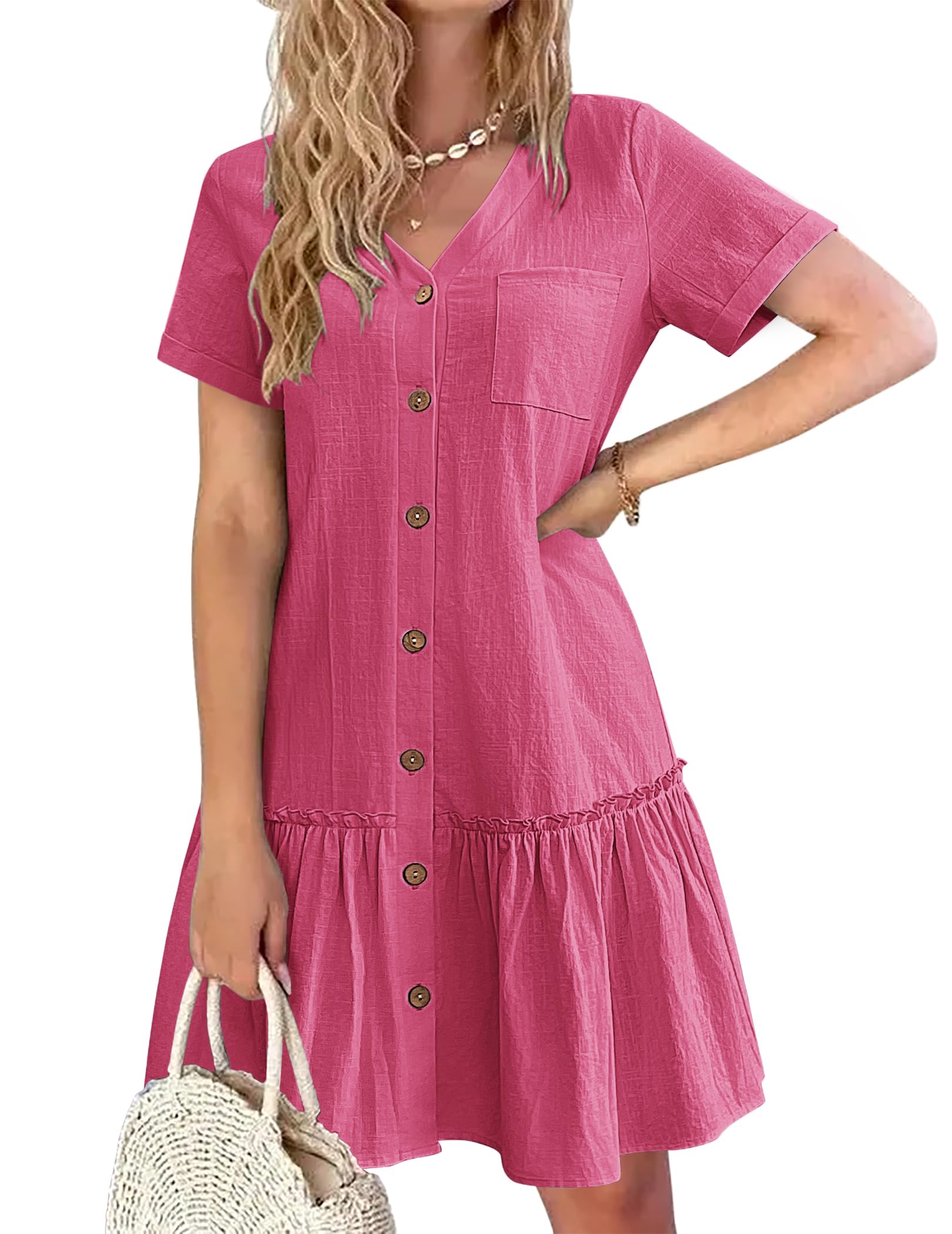 Hotouch Robe d'été boutonnée en lin pour femme - Robe de plage décontractée - Col en V - Mini robe à manches courtes - Robe trapèze - Robe à volants