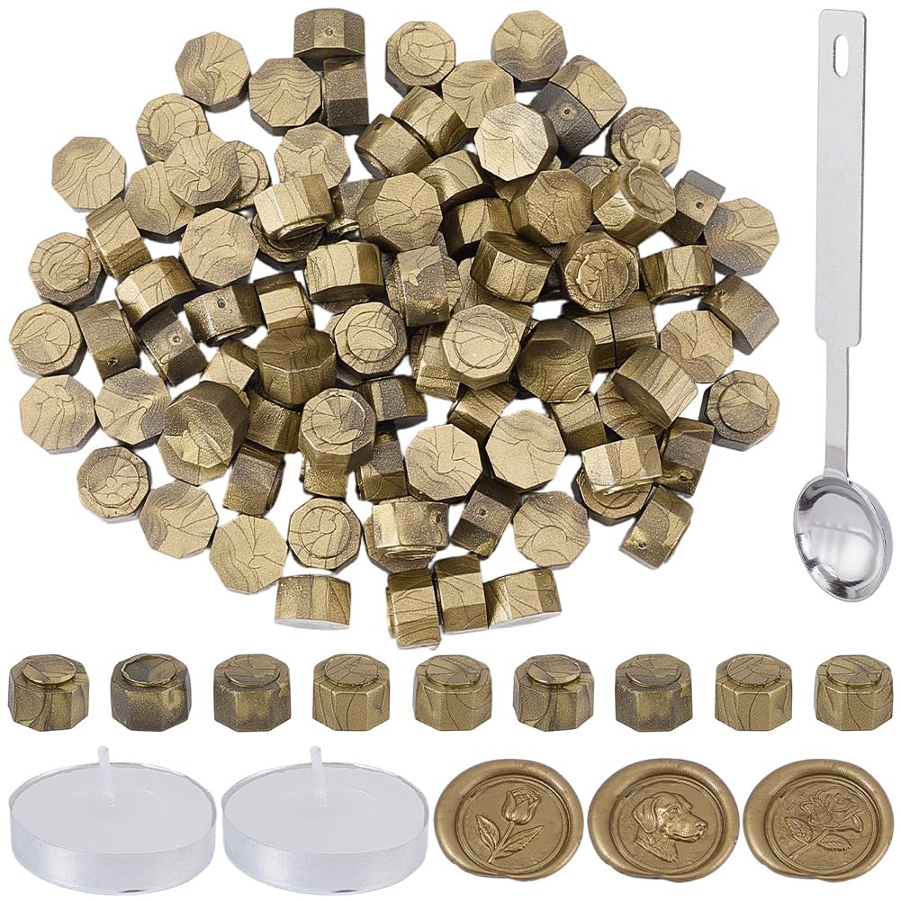 CRASPIRE 100Pcs Wax Sealing Beads Turquoise Octagon Wax Seal Beads Set with 1Pc Stainless Steel Spoon and 2Pcs Flat Round Candles for Wax Stamp Sealing Wedding Invitations Cards Envelopes Decoration