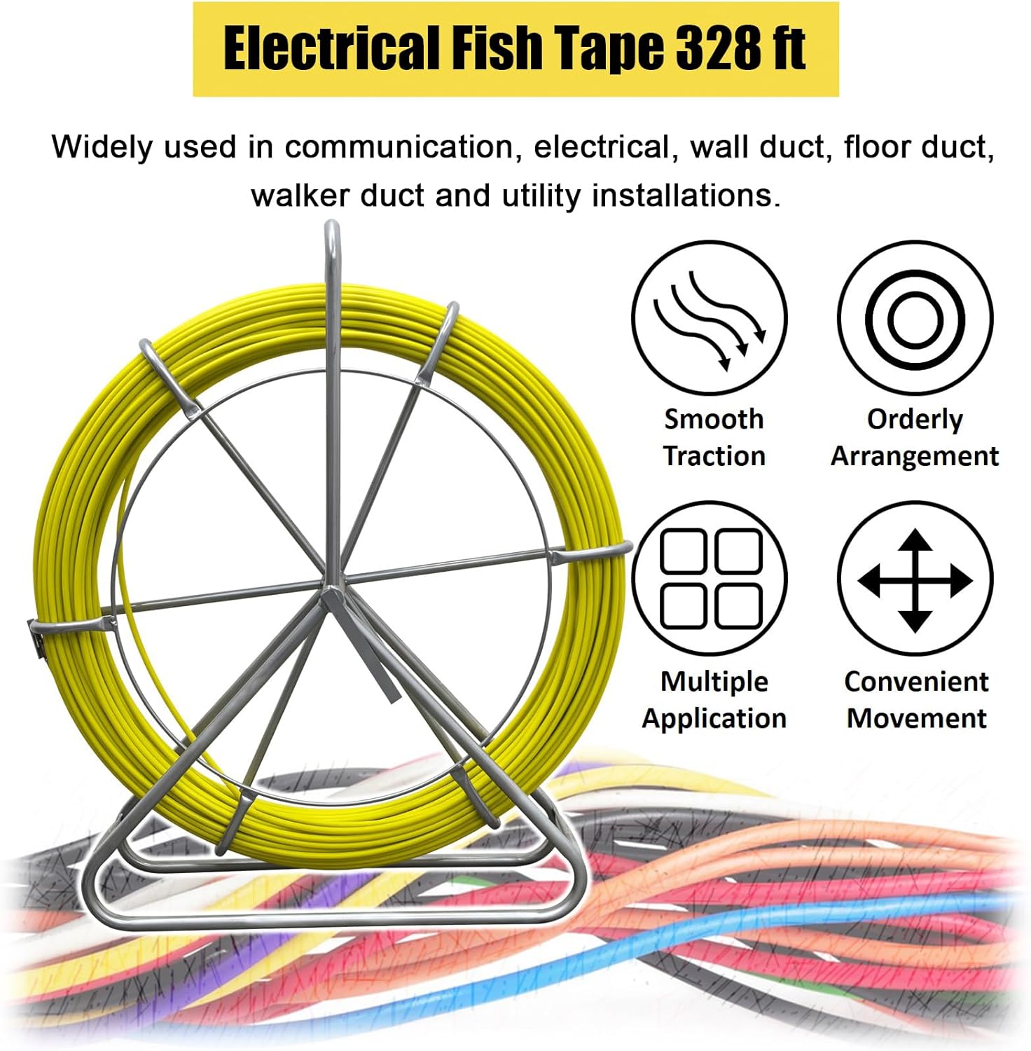 8mm x 328ft (100m) Fish Tape Fiberglass, Duct Rodder Fishtape Wire Puller, Cable Running Rod with Steel Reel Stand, Copper Pulling Head, Portable Fishing Tool for Wall and Electrical Conduit