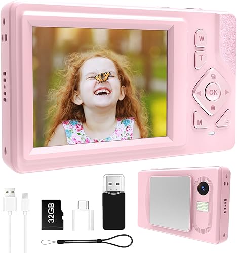 Cámara digital para niños, adolescentes y principiantes - 1080P FHD 48MP, LCD de 2.83 pulgadas, zoom digital 18X y antivibración, tarjeta SD de 32