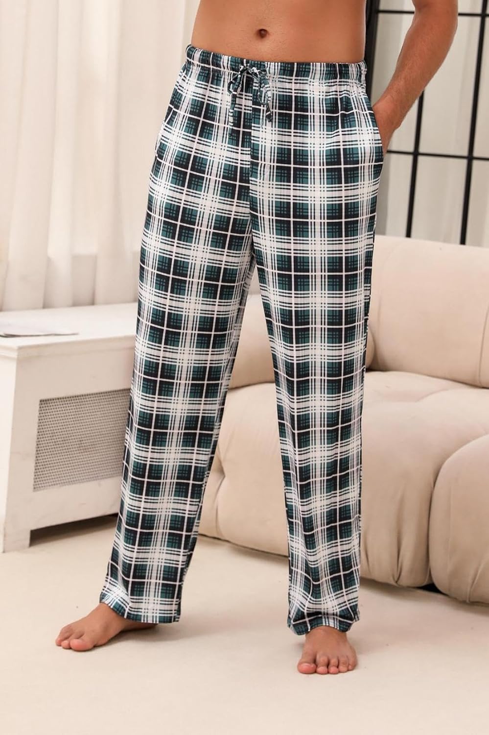 Ekouaer Men's Long Pyjama Bottoms for Men, Checked Trousers with Pockets, Sleepwear Trousers, Leisure Trousers, House Trousers, Loungewear, S-3XL M Green Chequered