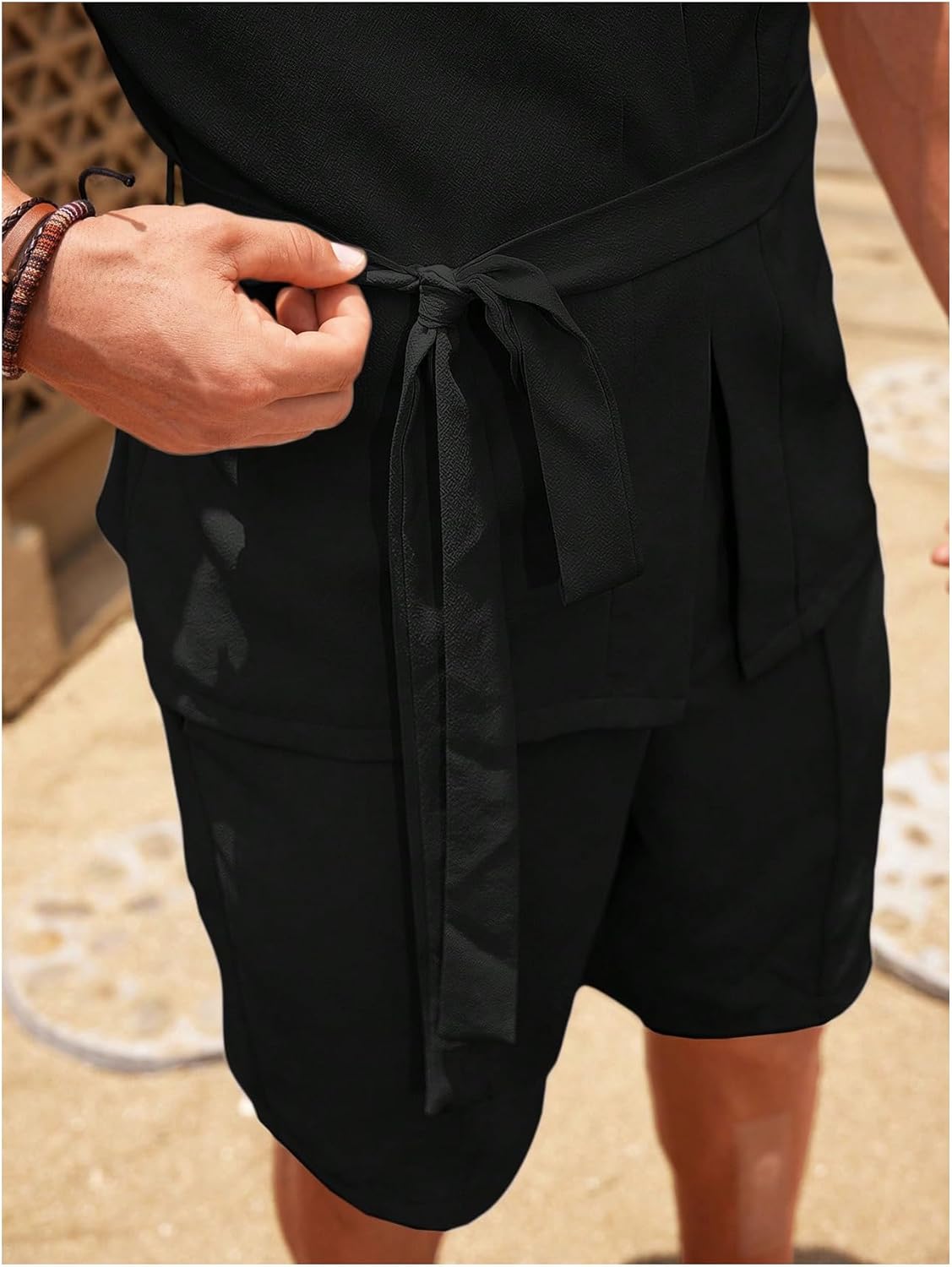 OYOANGLE Men's Open Front Belted Tank Top Japanese Style Sleeveless Boho Vest Tops - Image 4