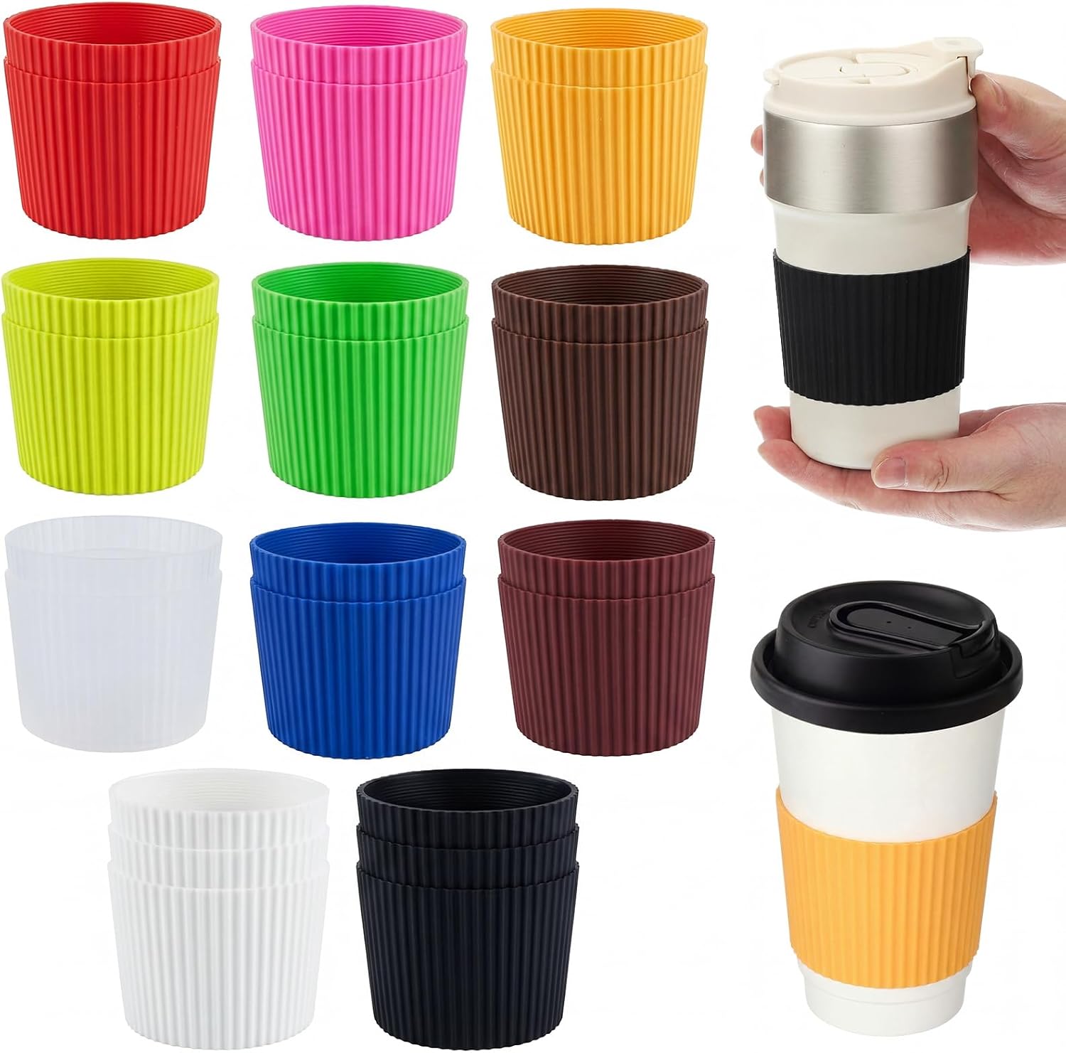Blushtier 24 Pack Silicone Cup Sleeves, Reusable Heat Resistant Anti Slip Mug Grips, Ribbed Cup Sleeve Protectors for Coffee Mugs Glass Cups, Multi Color Set
