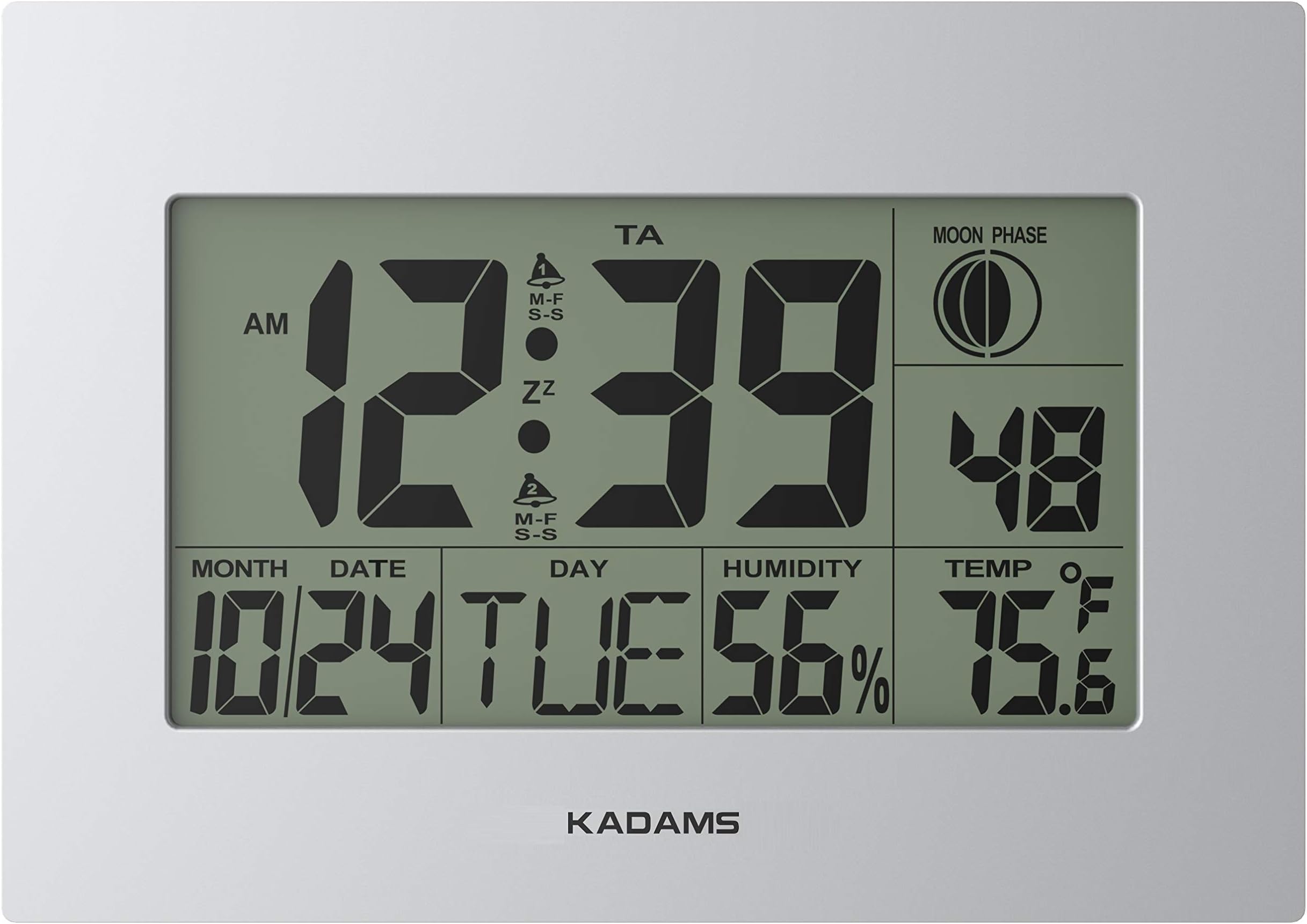 KADAMS Large Digital Wall Clock - Dual Alarm with Snooze Function - Wall Calendar - Moon Phase - Temperature & Humidity Display - Multiple Mounting Options - Battery Operated (Silver)