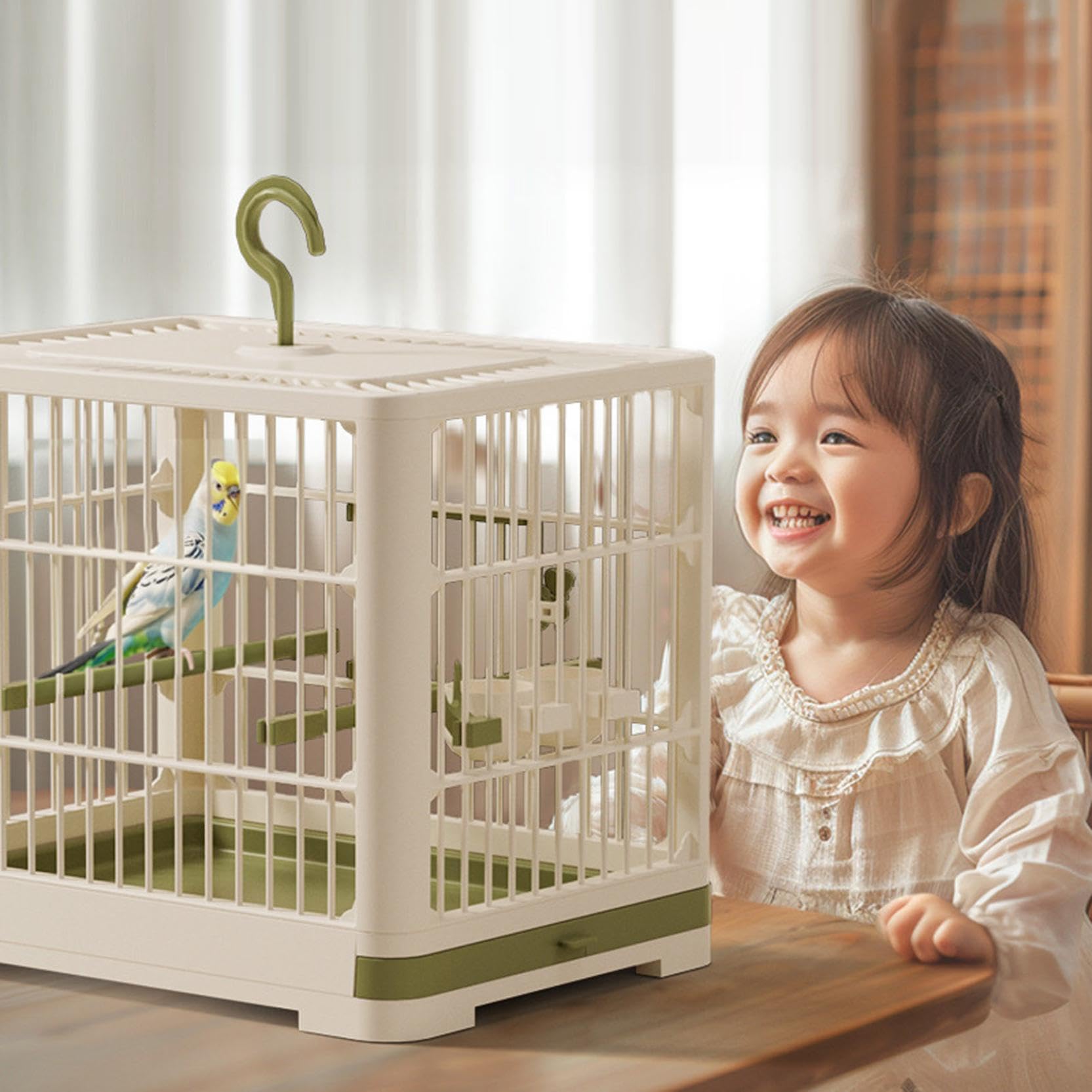 Cage de transport pour petits oiseaux, portable, légère, avec perche sur pied, pour perroquets, perruches, calopsittes, inséparables, plateau amovible et poignée à crochet (blanc et marron)