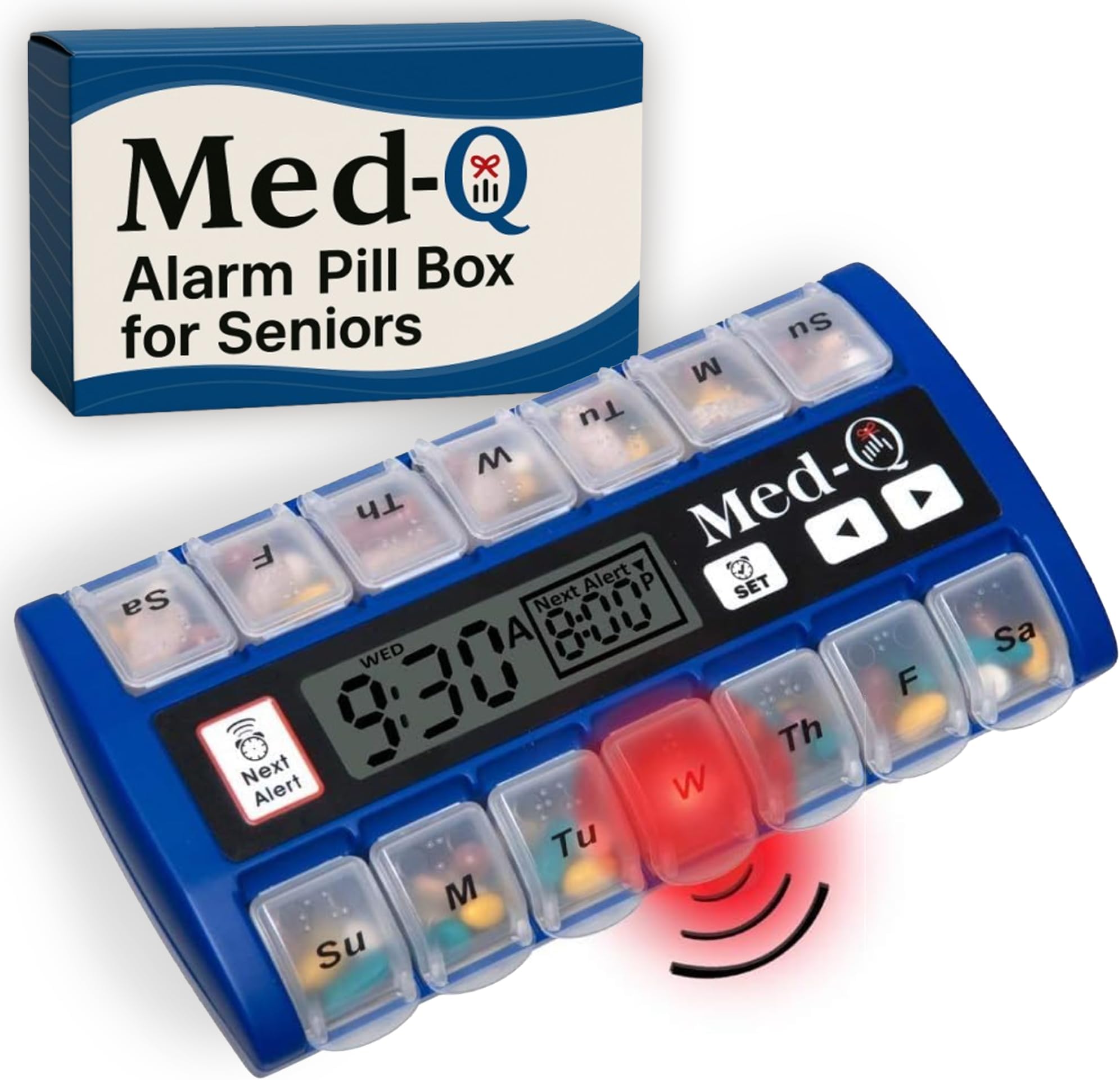 Med-Q Digital Pill Box with Alarms – Pill Organizer with Flashing Lights & Beeping Reminders – Monthly Pill Dispenser for Seniors, Dementia, Alzheimer’s, Medication & Vitamin Management