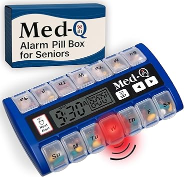 Med-Q Digital Pill Box with Alarms Pill Organizer with Flashing Lights & Beeping Reminders Monthly Pill Dispenser for Seniors, Dementia, Alzheimer s, Medication & Vitamin Management