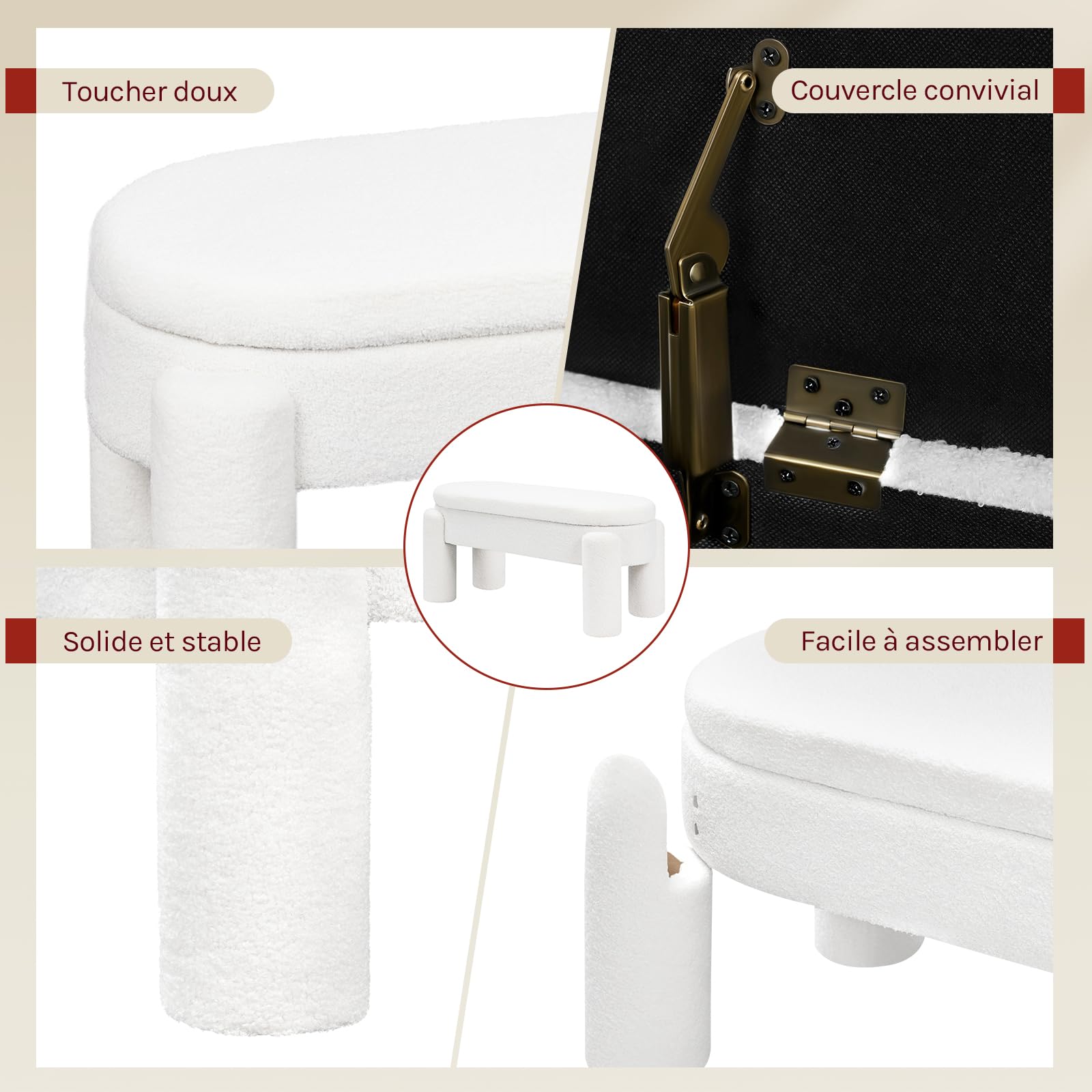 WOLTU Banc de Rangement Rembourré en Tissu Polaire Teddy, 114x47x53 cm, Banquette Lit pour Chambre Salon Couloir Entrée, Charge Maxi. 250 kg, Moderne, Blanc