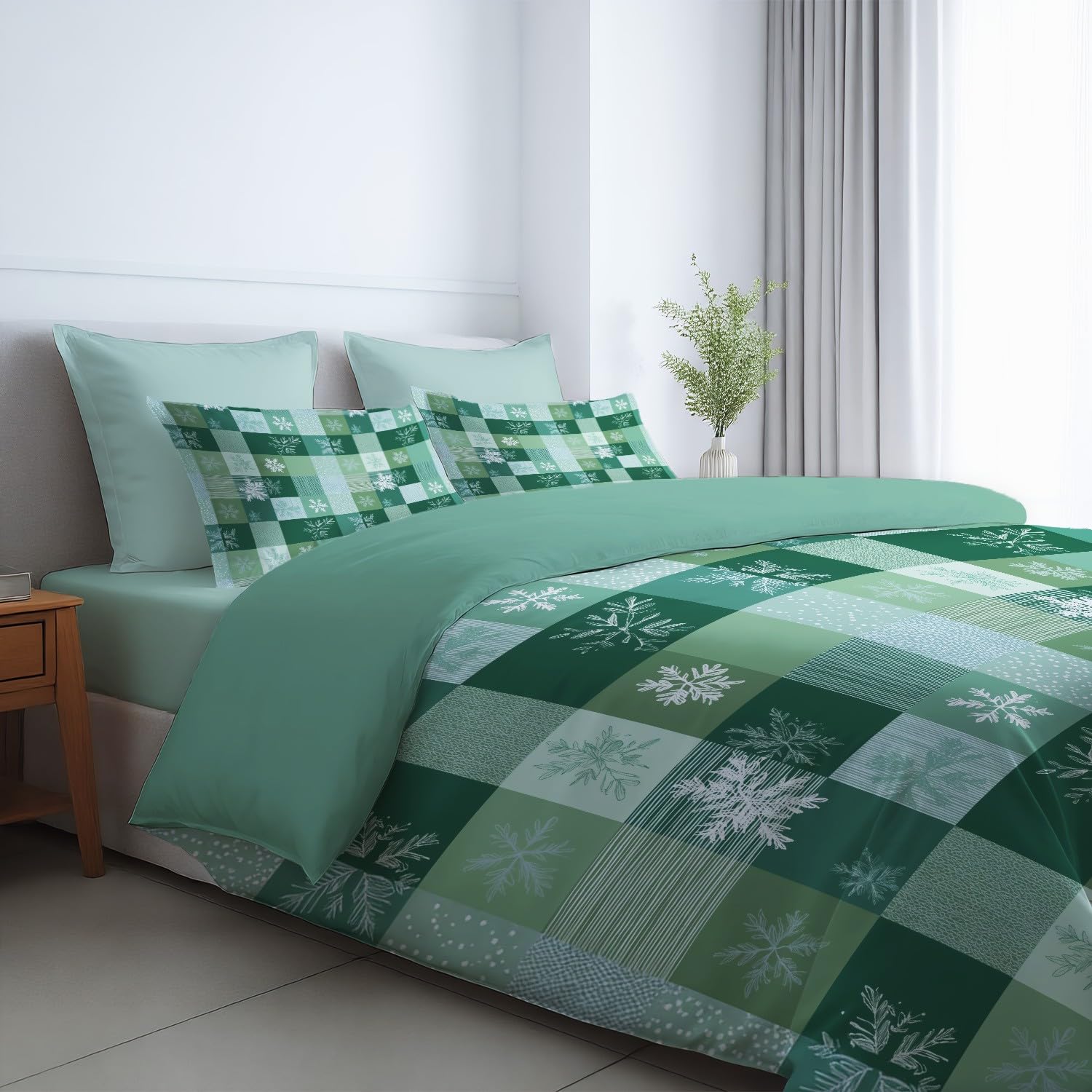 Generico Set Copripiumino Matrimoniale 220 x 240 CM 3 Pezzi Include 2 federe 80 x 80 CM Fresco quadretti fiocco di neve Set di Biancheria da Letto in Microfibra Traspirante e Caldo-Verde
