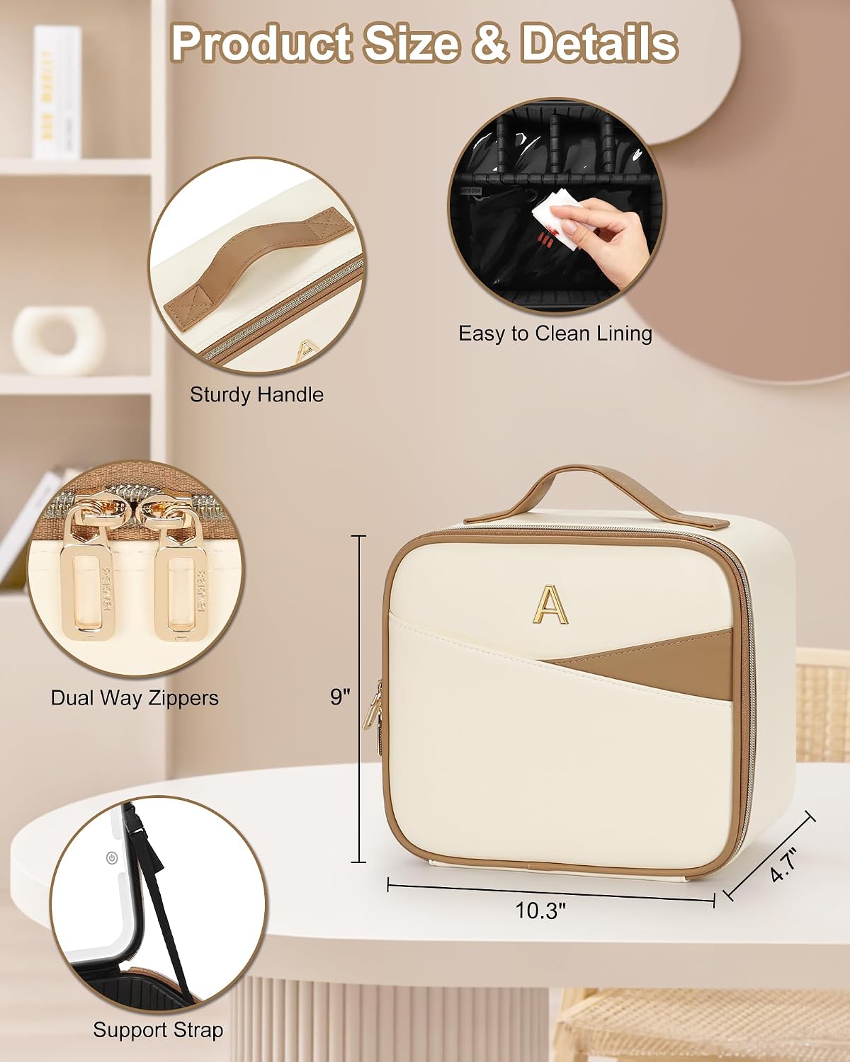 Relavel Birthday Gifts for Women Teen Girls, Initial Makeup Bag with LED Mirror, Personalized Cosmetic Organizer with 3 Light Modes, Rechargeable Travel Bag with Compartment & Adjustable Dividers - S image 5