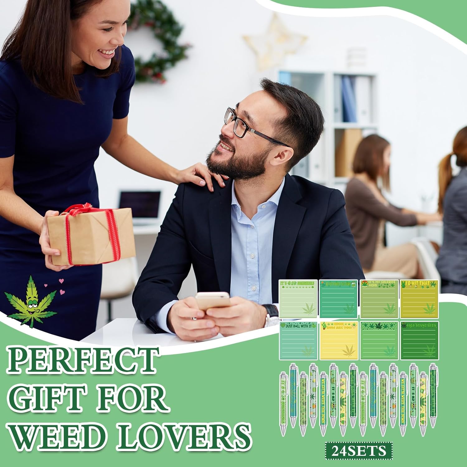 AmazingSpark 24 Sets 420 Weed Gift Bulk Marijuana Leaf Gift Set Include Funny Weed Ballpoint Pens and Sticky Notes for 420 Party Favors Cannabis Day Jamaica Favors Office Supplies