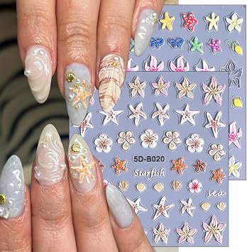2 Sheets 5D Embossed Summer Flower Nail Stickers for Nail Art Self-Adhesive Starfish Nail Art Stickers Colorful Floral Bow Starfish Shell Nail Decals Summer Beach Nail Design Sticker for Women