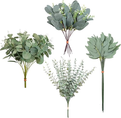 Miniatura 8 de AUMVEYI 50 tallos de eucalipto sintético, tallos de hojas de eucalipto artificiales a granel, tallos florales de plantas de vegetación falsa para