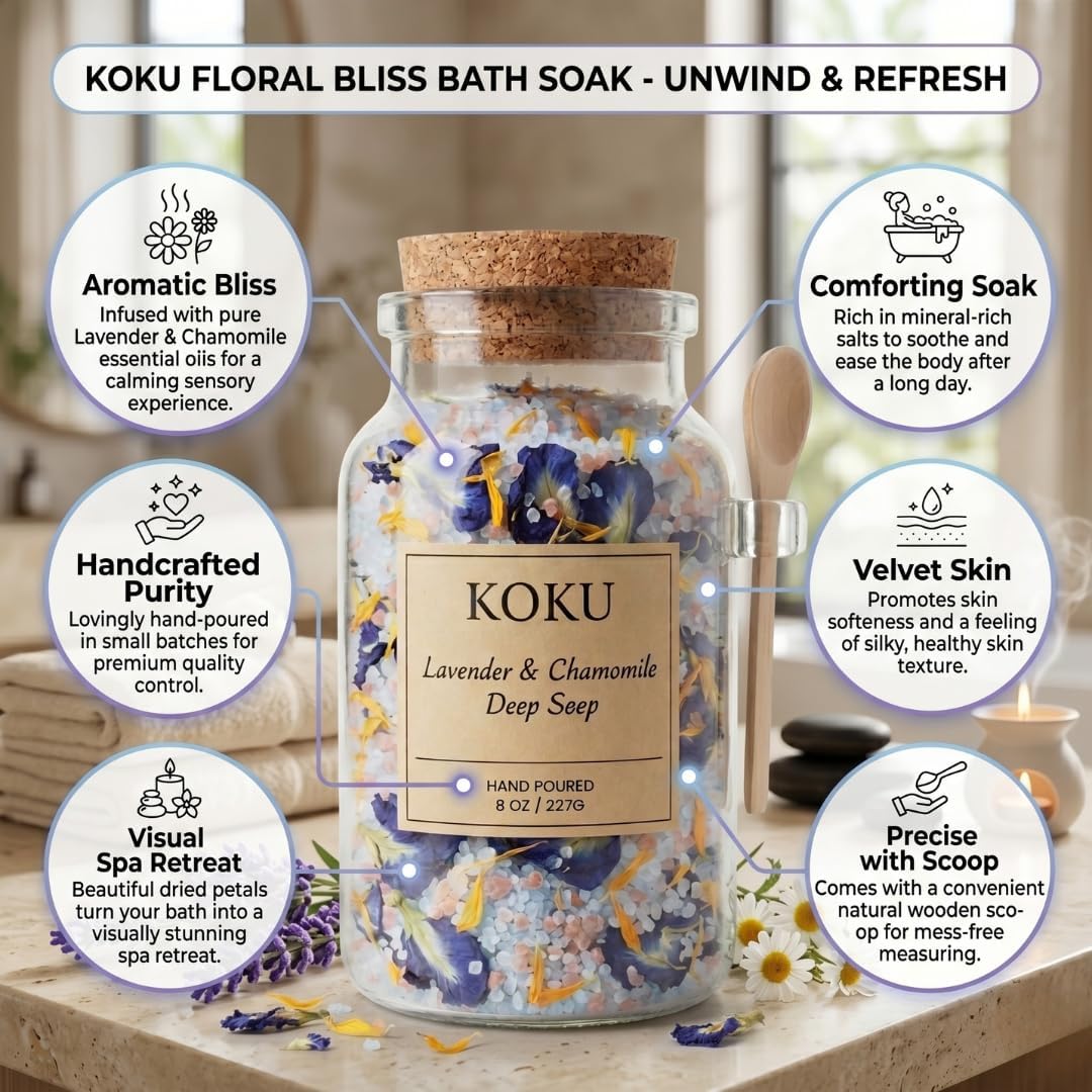 Kokü Multi Floral Deep Sleep Bath Salts - Lavender Himalayan Epsom Salt Blend for Relaxation and Bliss with Scoop - Perfect for Gifting