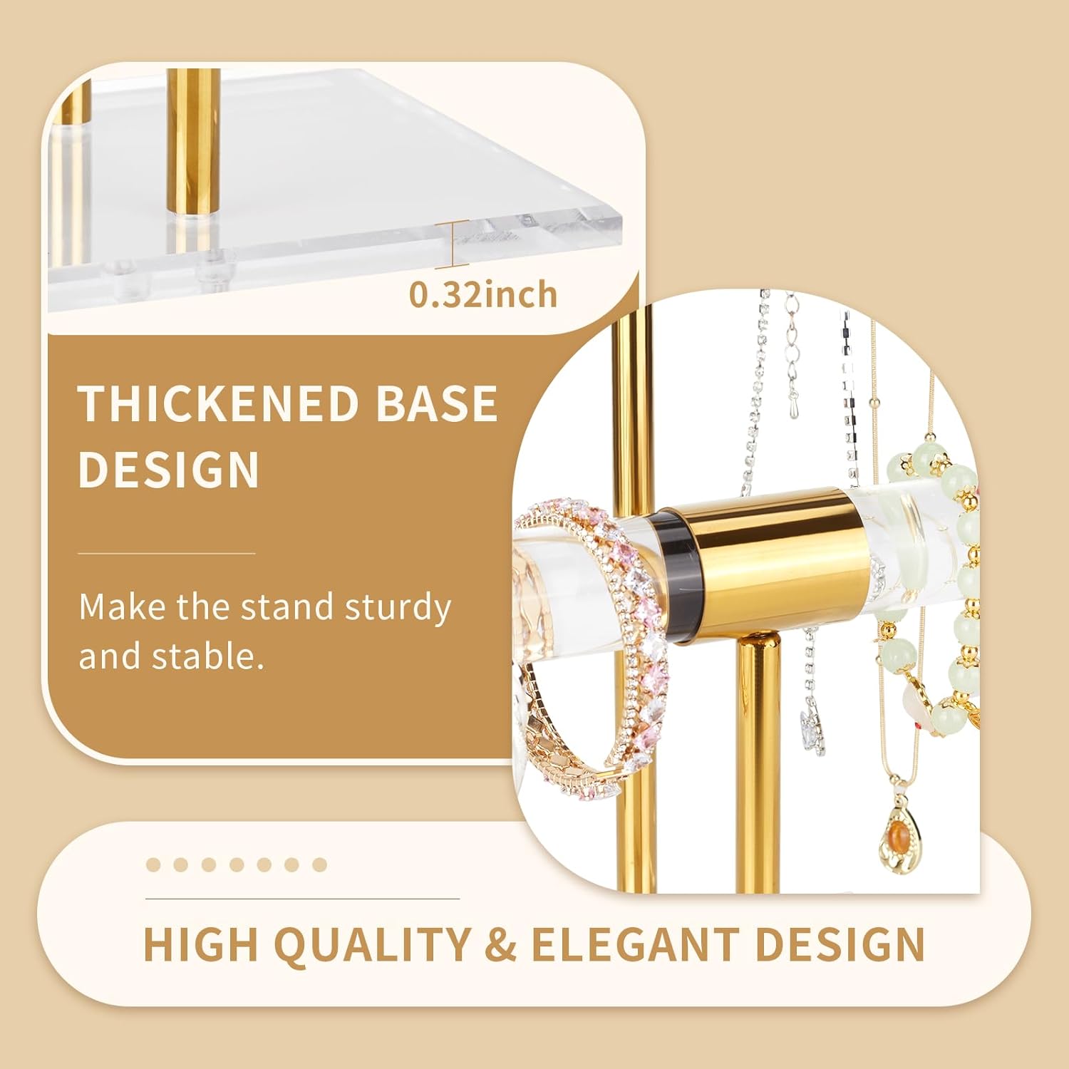 Necklace Holder Bracelet Holder, 2-Tier Acrylic Jewelry Display Stand Gold Jewelry Tower Stand Crystal T Bar Jewelry Organizer Gift for Women(2-Tier 1pc) - Image 4