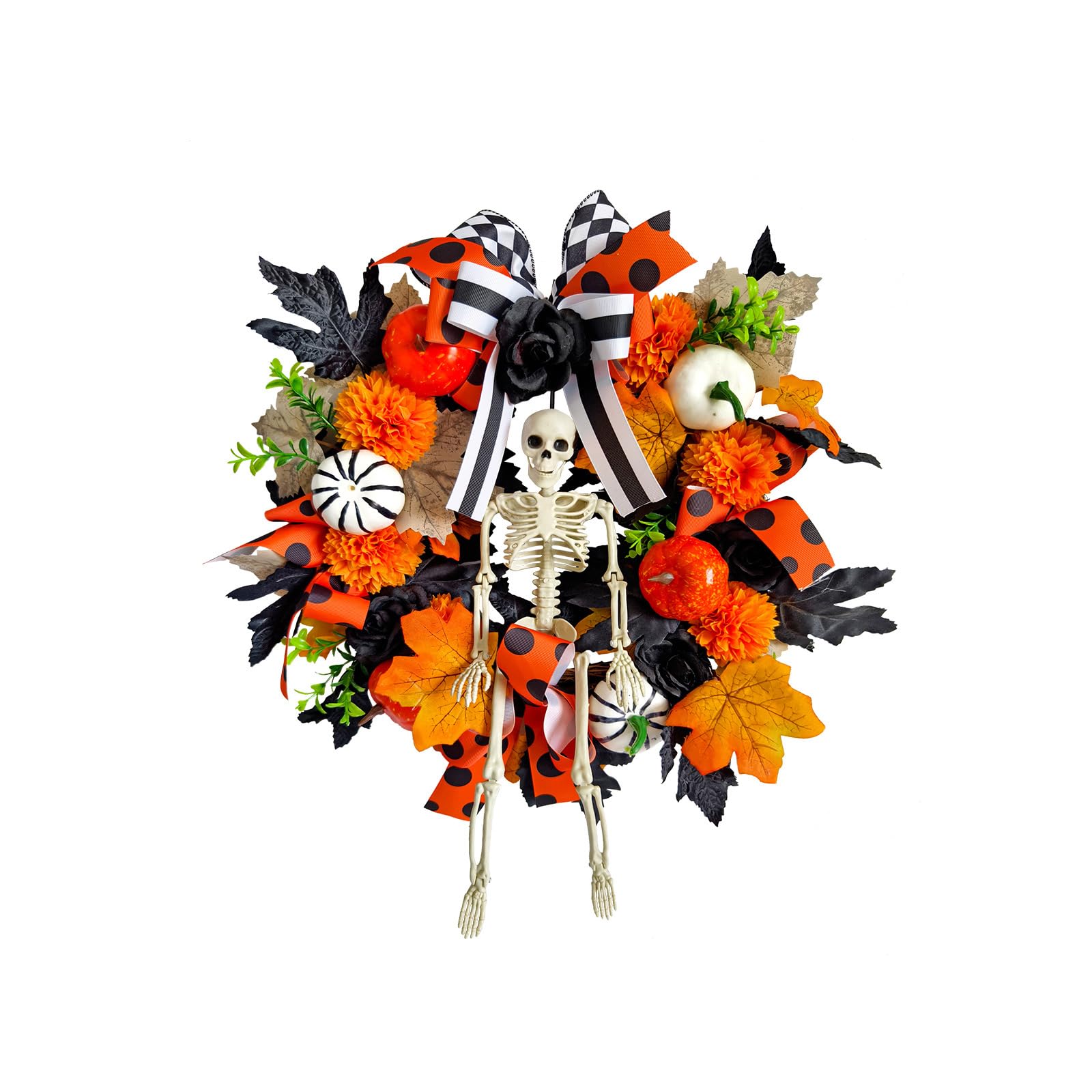 TFAOYS 2 Autumn Horror Wreath Featuring Skull Pumpkins Realistic Faux Leaves Weatherproof Thanksgiving Door Wall Hanging Fall Autumn Wreath