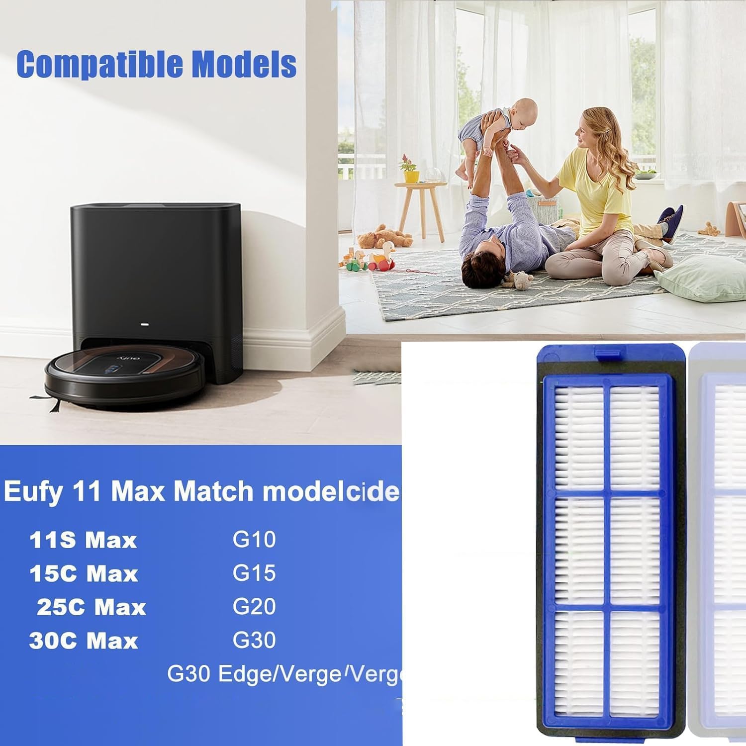 Replacement Filters Compatible with Eufy RoboVac 11S Max, 15C Max, G10, G30, G30 Edge, G30 Verge, G20, Robot Vacuum Filters Accessories, Pack of 2