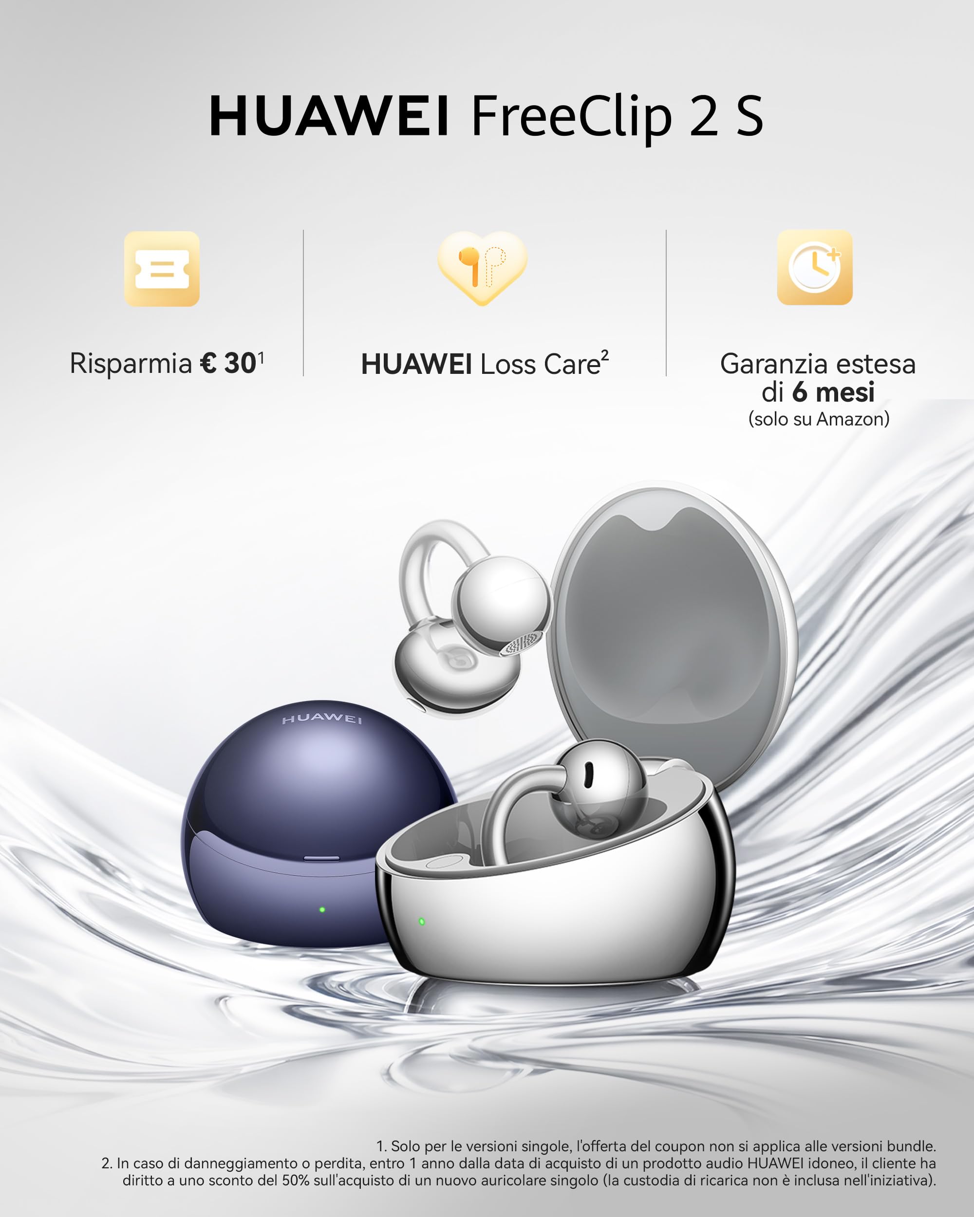 HUAWEI FreeClip 2 S Blu, Auricolari Wireless, Design Leggero | Comfort di Indossamento Tutto il Giorno, Custodia di Ricarica Luminosa, Controllo Intelligente, Ascolto adattivo open-ear