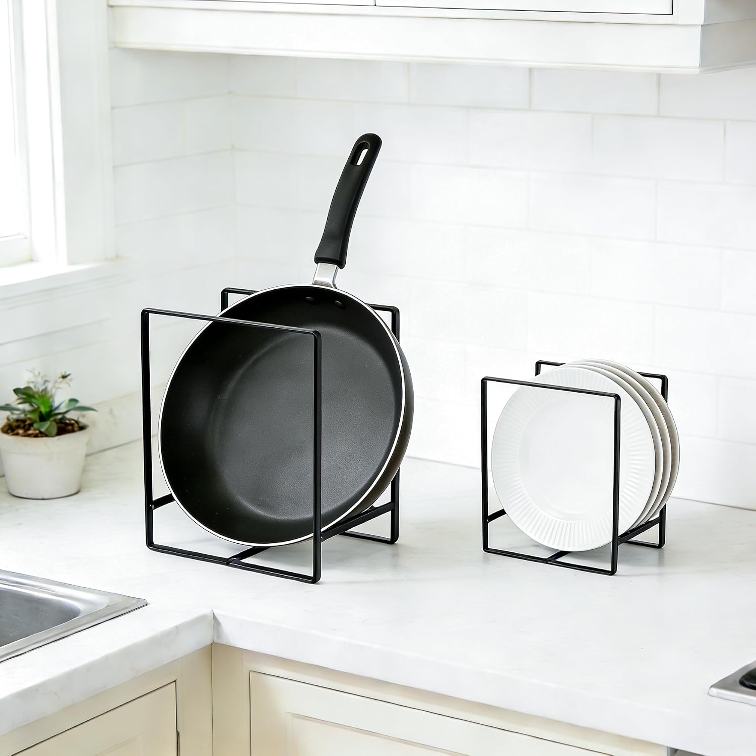 SIBAO 4 Pack Metal Plate Holder Organizer,4.7" and 6.3" Upright Dish Drying Racks for Cutting Board,Plates,Pots,and Pans