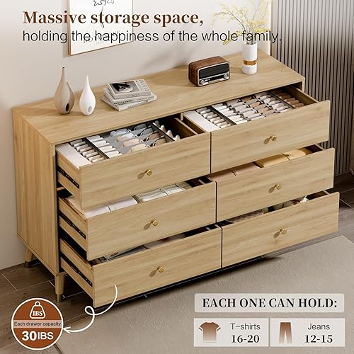 Miniatura 35 de Cómoda de 6 cajones, cómoda de mediados de siglo de 47 pulgadas de ancho, cómoda de madera para dormitorio con 6 cajones de almacenamiento para