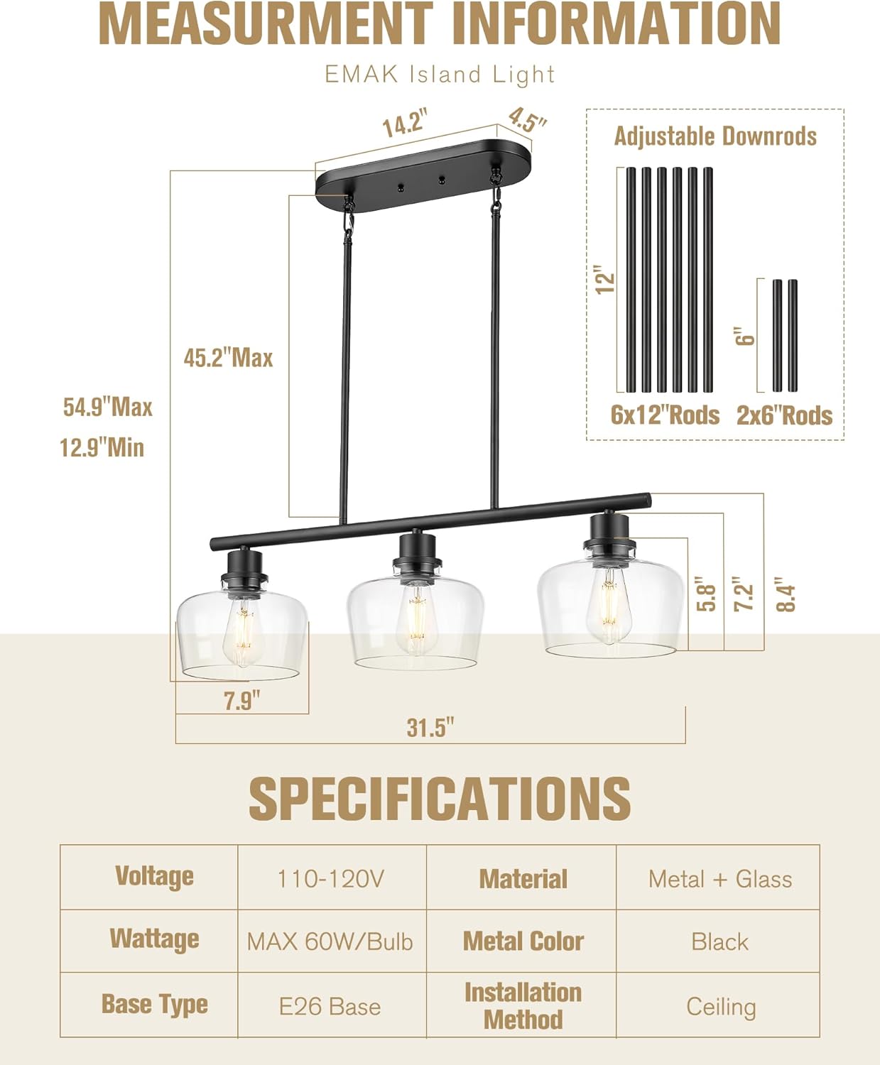 Emak 32 Inch Black Dining Room Light Fixture, 3-Light Kitchen Island Lighting with Clear Glass Shade, Modern Farmhouse Kitchen Island Lights for Kitchen, Dining Room, Bar, IL122-BK-CG-3