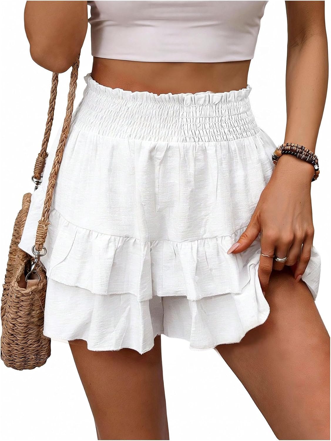 SOLY HUX Women's Ruffle Wide Leg Shorts Shirred Elastic High Waisted Layered Flowy Summer Beach Shorts