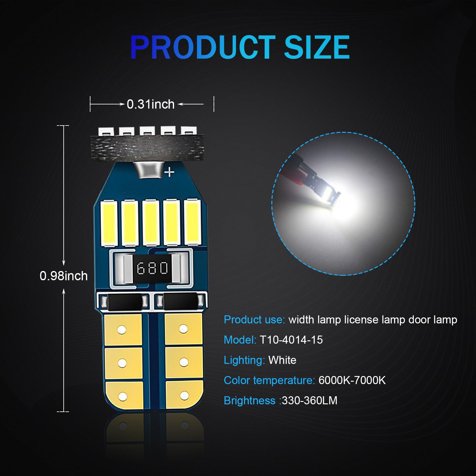 Yumfugu Pack-10 T10 LED Bulbs, 6000K Super Bright W5W 4014 15SMD Chipsets LED Bulb, Error Free LED Replacement Bulbs, for Car Dome Map Door Courtesy License Plate Lights (White)