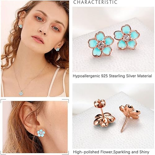 Miniatura 6 de Aretes de flor rosa para mujer, aretes de plata de ley 925, bonitos aretes de plumeria para niña, hipoalergénicos con flor de cerezo