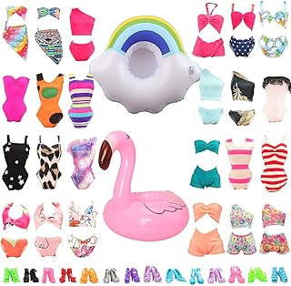 BARWA 12 Items 5 Psc Swimsuits Bathing Clothes Bikini One Piece with 2 Pool Floaties with 5 Shoes for 11.5 inch Doll Pink
