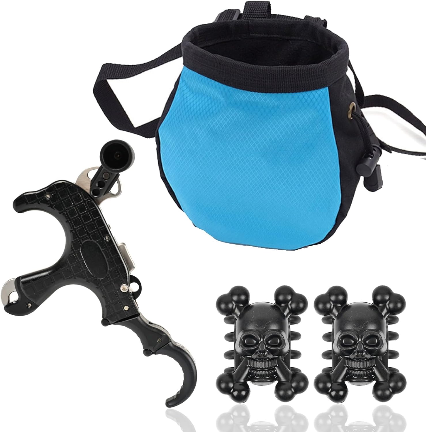 Compound Bow Release Aid - 3/4 Finger Convertible Handheld Grip for Competition, W/Skull Bow Limb Dampeners and Waist-Mounted Oxford Bag