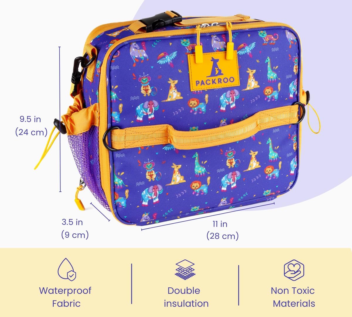 Kids Lunch Bag with Name Tag - Expandable, Insulated Lunch Bag for School & Daycare; Holds Lunch box, Water Bottle & Snacks; Waterproof & Multiple Zippered Pockets (Animals)