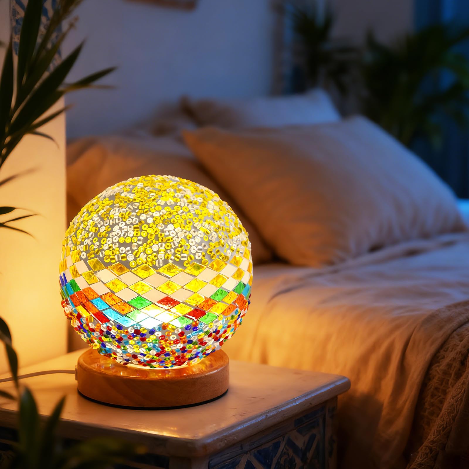 wpdash Mediterranean Yellow Mosaic Table Lamp Vintage Turkish Colorful Glass Light USB Power Dimmable Mediterranean Style Decor Light for Living Room Dorm Vacation Home Decoration and Gift