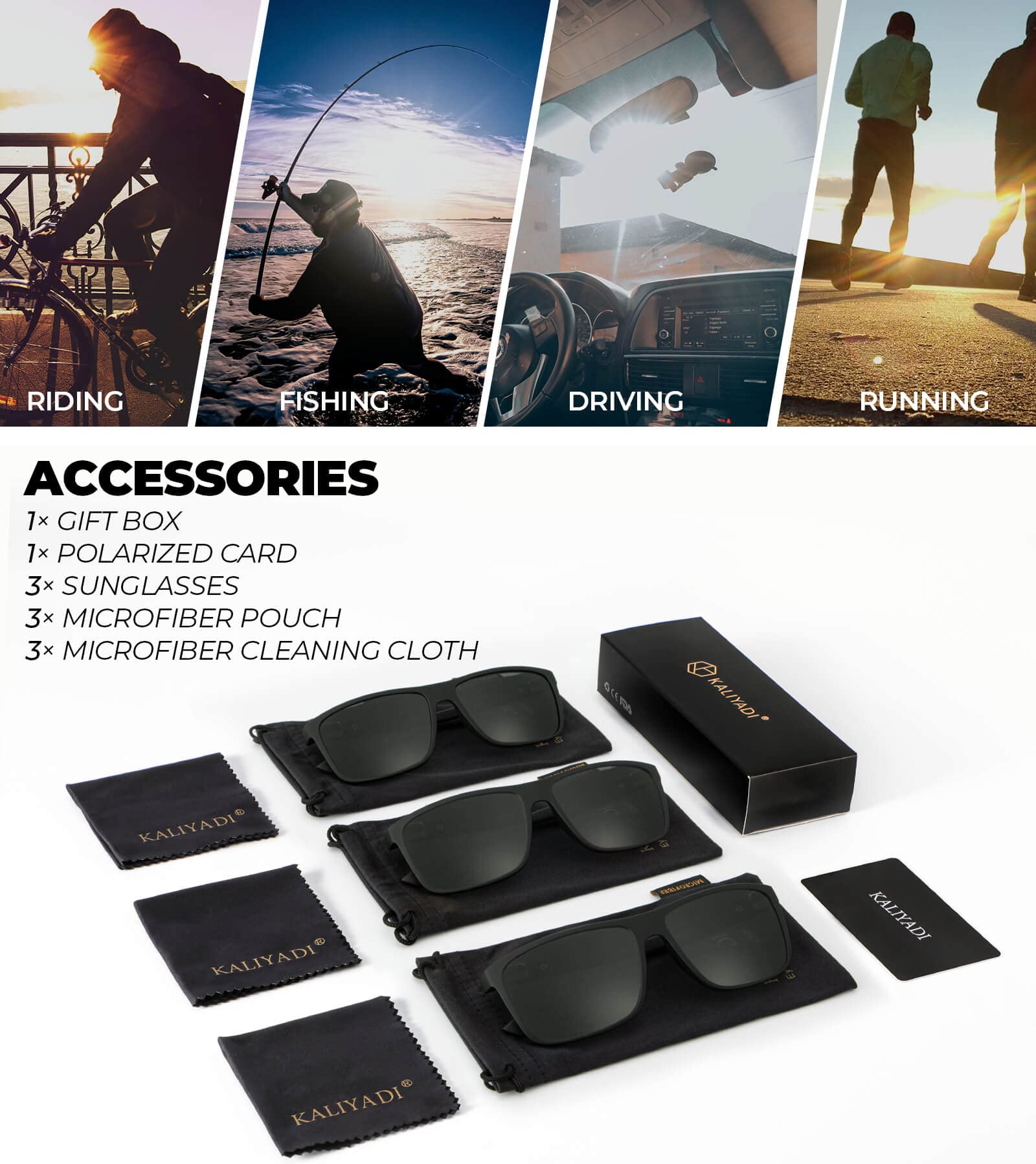 Gafas de sol polarizadas para hombres y mujeres, gafas de sol para hombre con protección UV para conducir, pescar y jugar golf (paquete de 3), (3 unidades) Negro/Negro/Negro 7