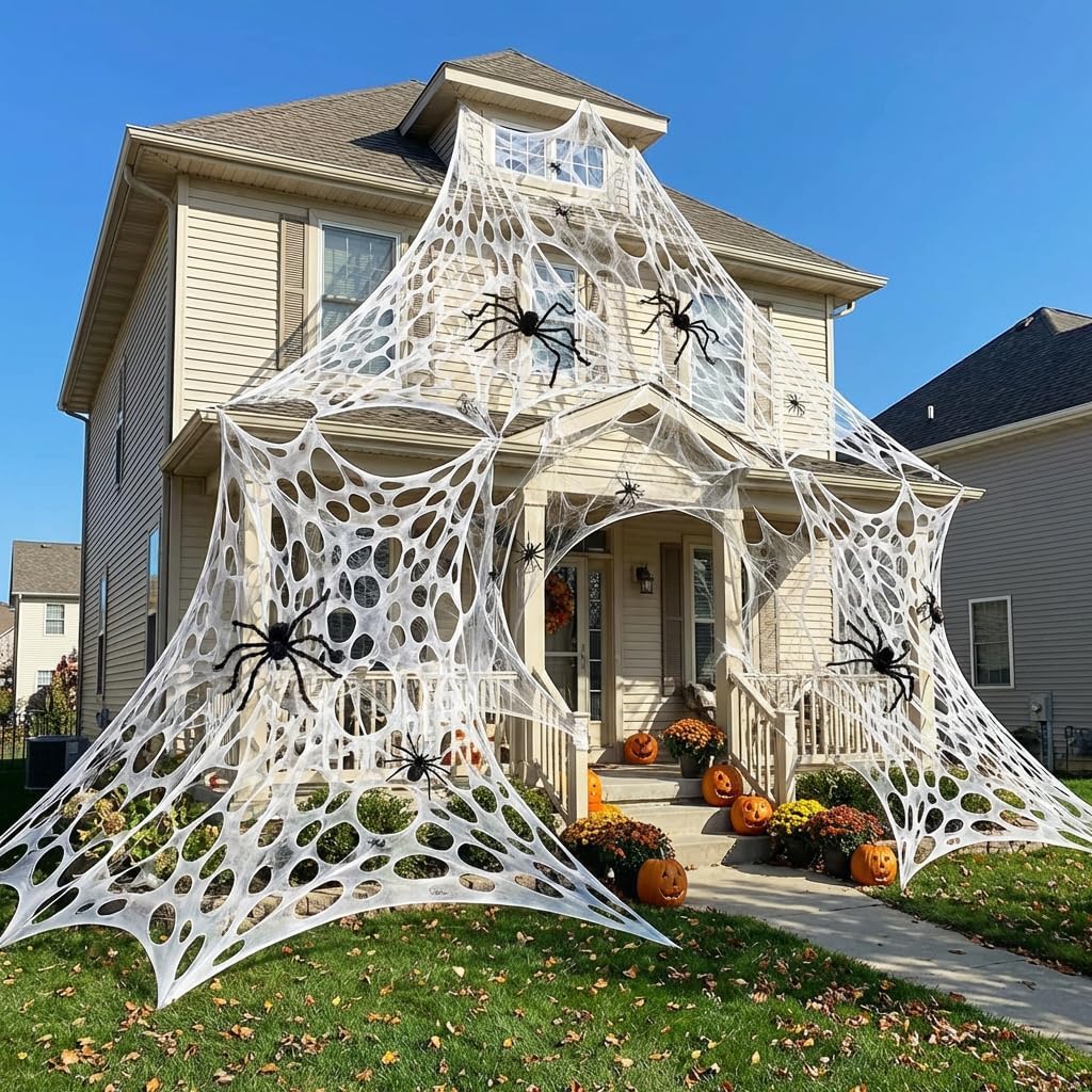 1200 Sqft （After Streched with Holes） Uncut Giant Spider Web Halloween Decorations Outdoor with 10 Ground Nails Stretchy Beef Cloth Netting Cut-Your-Own Flexible Elastic for Yard Party Decor