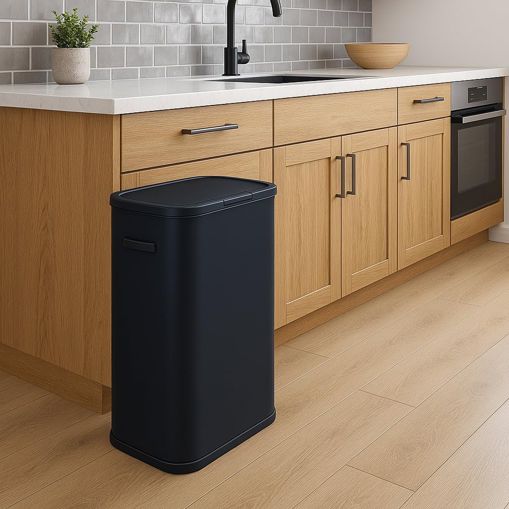 KITCHEN MOVE Poubelle de cuisine push 60L PORTLAND en acier Inox NOIR Ouverture par simple pression