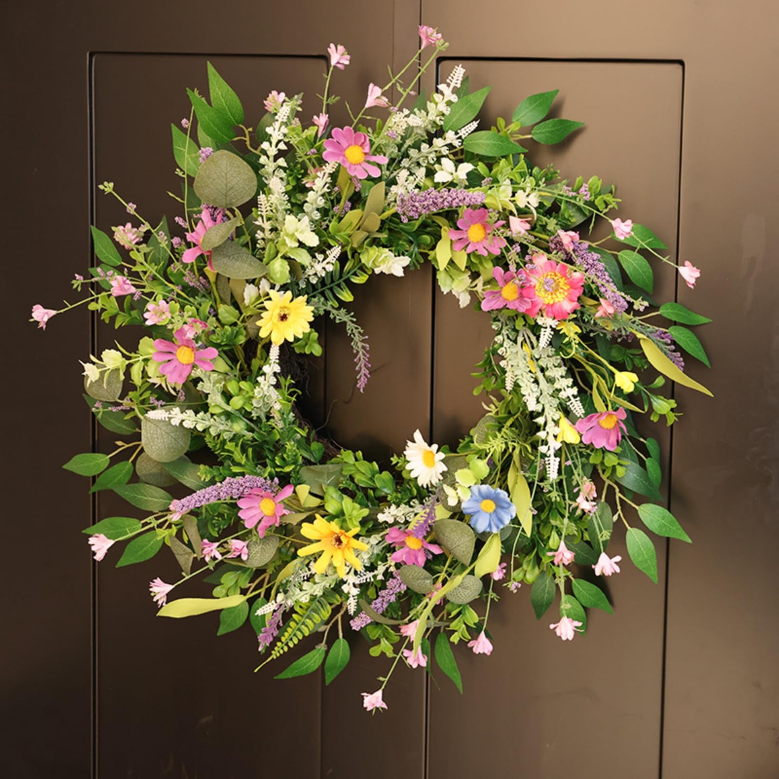 Künstlicher Frühlingskranz mit Bunten Wildblumen, Margeriten und Lavendel, Türkranz für Haustür und Wand, Natürlicher Dekokranz für Frühling und Sommer
