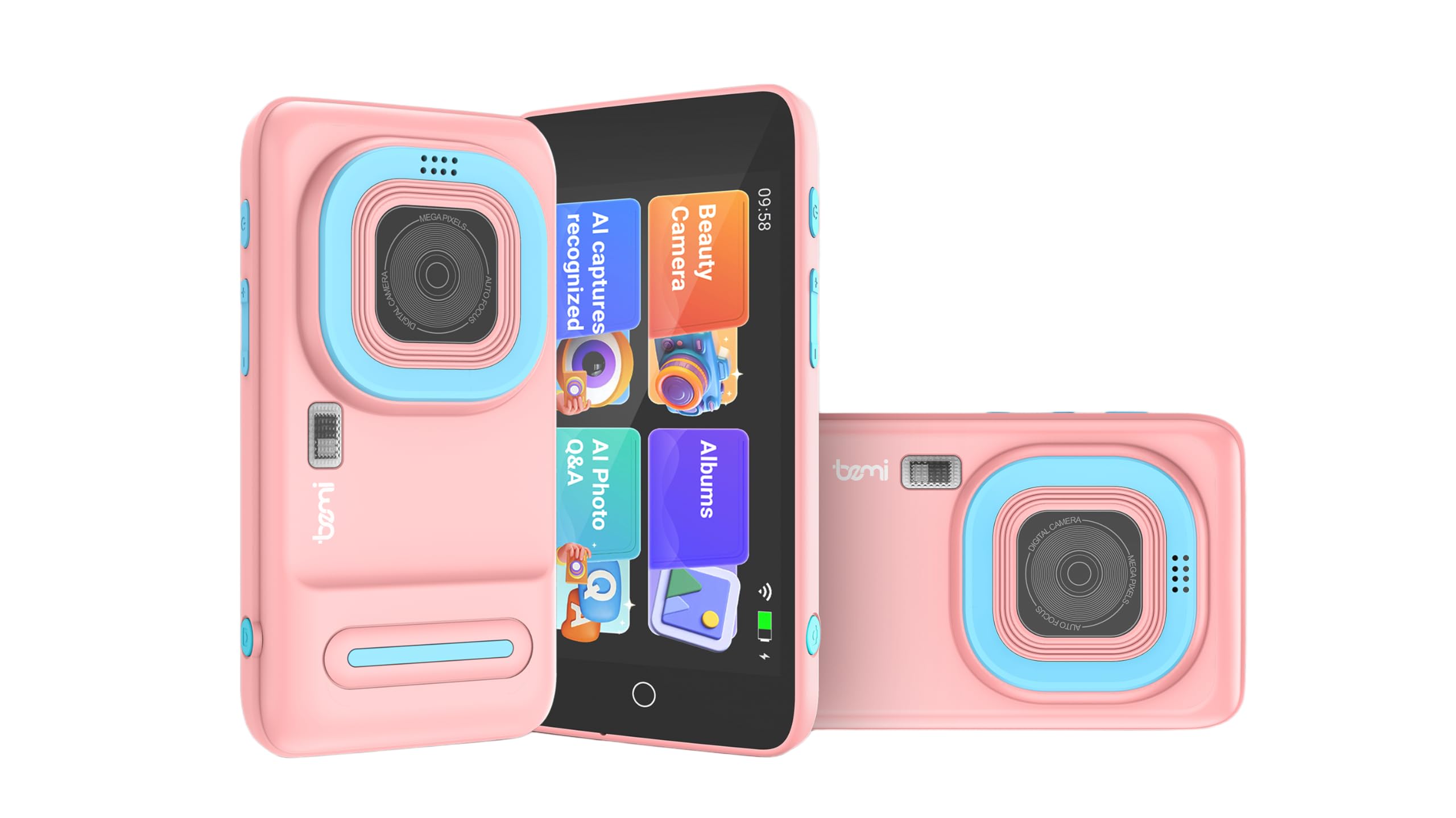 Bemi Pixi Aparat Edukacyjny dla Dzieci z AI, 4" Ekran Dotykowy, Rozpoznawanie Obrazów AI, Interaktywna Nauka, Aparat 5MP, 16GB, Wi-Fi, Android, Różowy (Różowy)