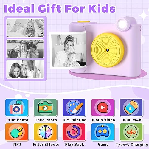 Miniatura 2 de Cámara para niños de impresión instantánea, cámara digital 1080P para niños con tarjeta SD de 32 GB, regalos de Navidad y cumpleaños, cámara