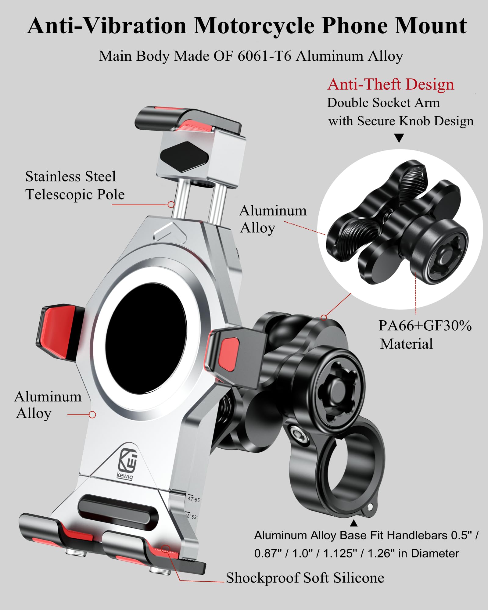 BRCOVAN Lega Alluminio Supporto Telefono Motociclo con Smorzatore Vibrazioni, Metallo Porta Cellulare Moto, ATV Bici Bicicletta Scooter Manubrio Porta Telefono per 4.7''-7.2'' Smartphone