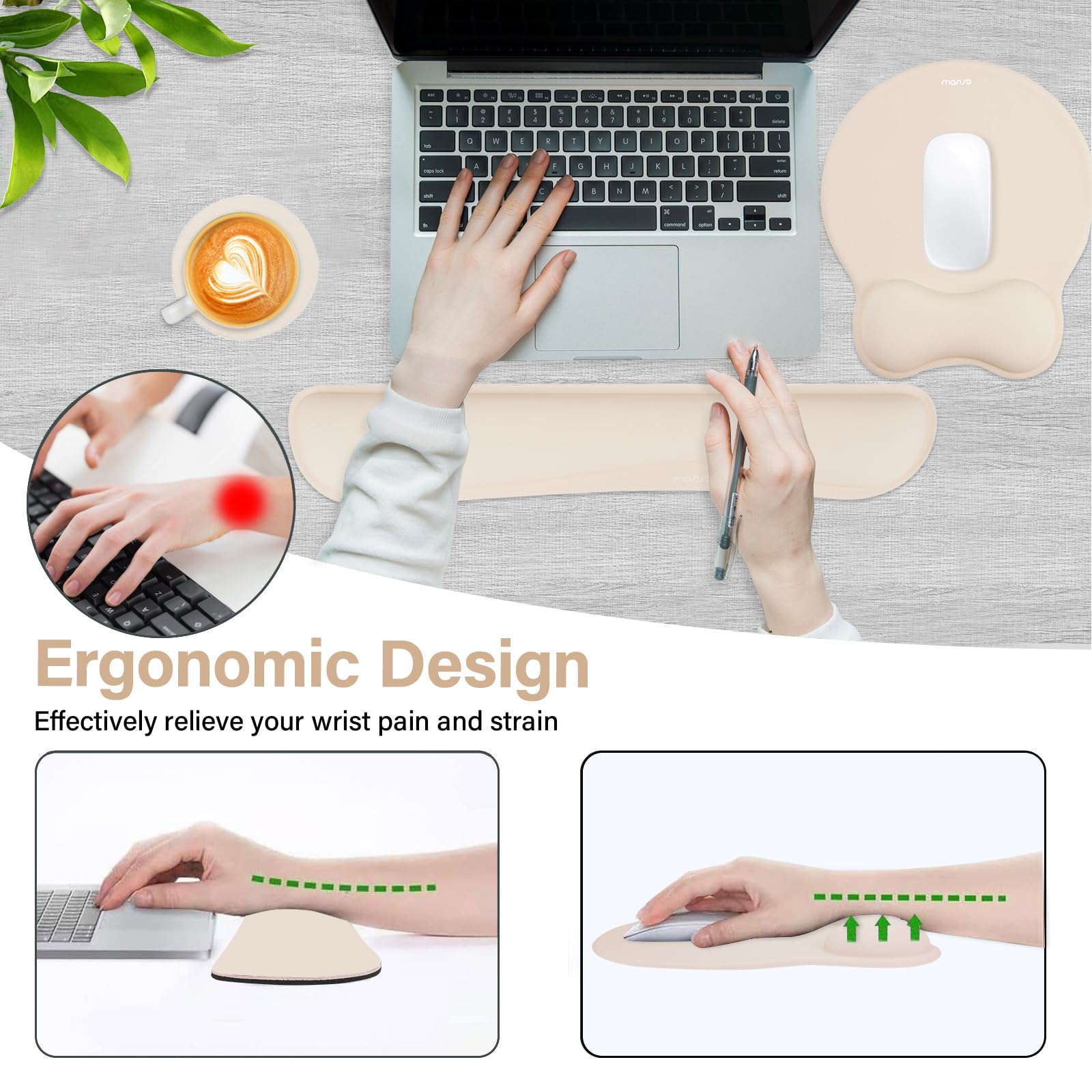 MOSISO Wrist Rest Support for Keyboard and Mouse Pad Set, Curved Ergonomic Mousepad with Raised Bow Shaped Memory Foam, 2 Pack Non-Slip Base Home/Office Pain Relief&Easy Typing Pad&Coaster, Apricot