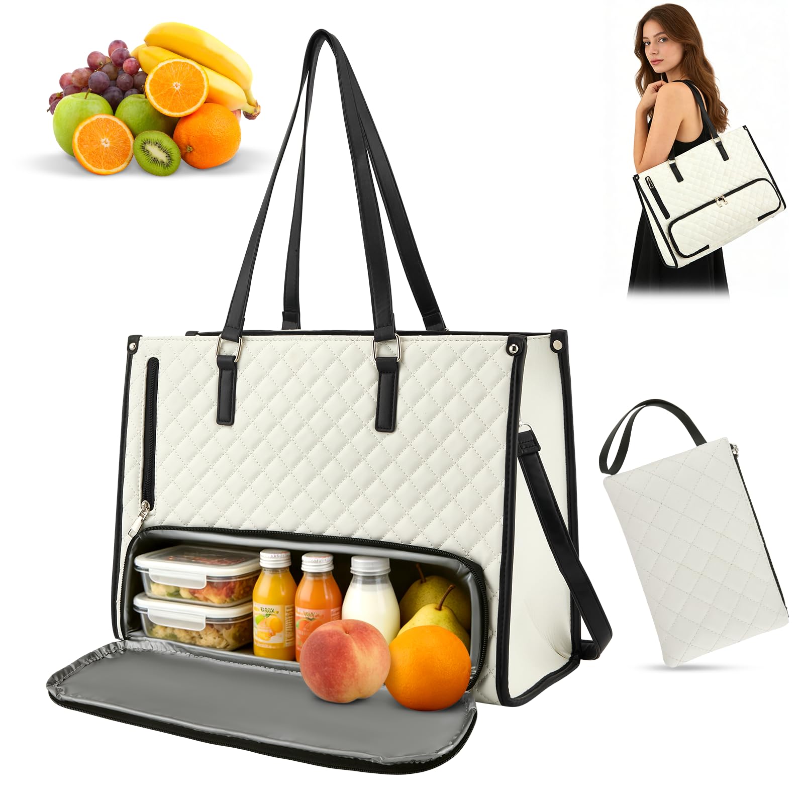 Borsa porta pranzo 2 in 1 da donna, borsa termica per laptop da 15,6 pollici (40 cm) con scomparto per alimenti, borsa da ufficio impermeabile con protezione antifurto, lavoro, università, viaggi
