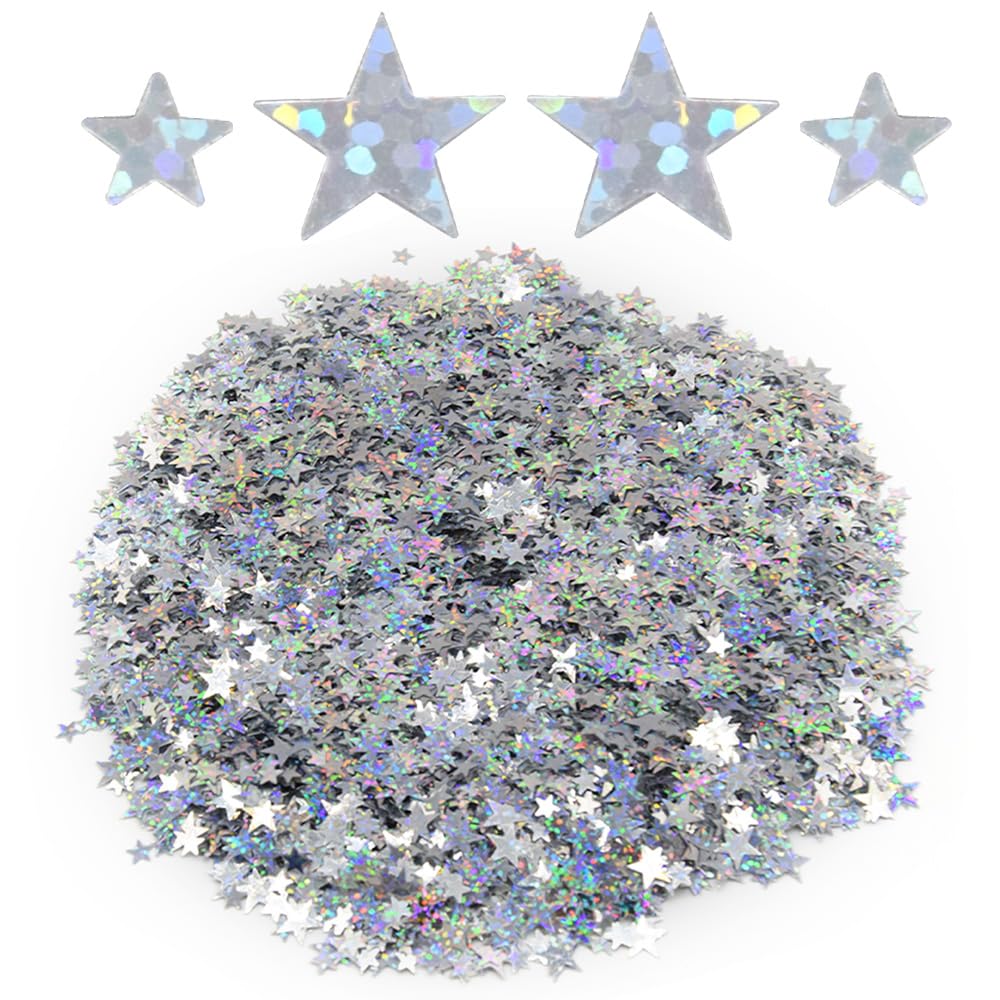 Yosawo 60g/2.1oz Star Confetti Metallic Foil Stars Sequin Table Confetti for Wedding Birthday Party Christmas Decoration(XX/Glitter Silver)