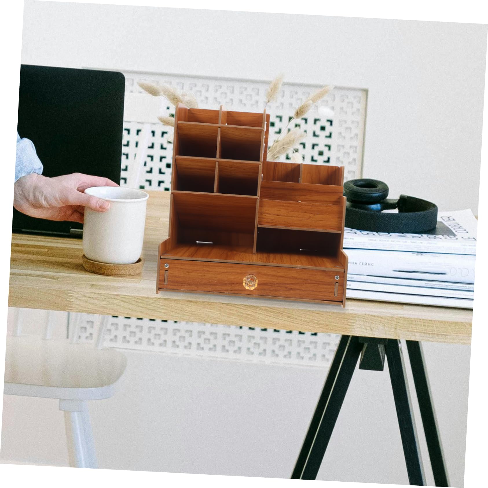 Veemoon Organiseur De Bureau Avec Boîte De Rangement Bois Pour Stylos Ciseaux Et Articles De Papeterie