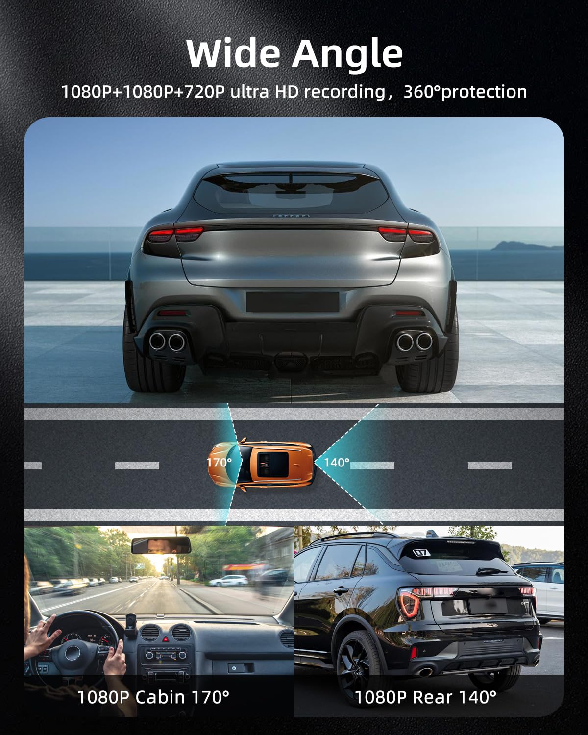 NHOPEEW Cámara para salpicadero Delantero y Trasero 1080P - Cámara para salpicadero con WiFi y Control Mediante aplicación Sensor G/Grabación en Bucle/Visión Nocturna + Tarjeta SD de 64 GB