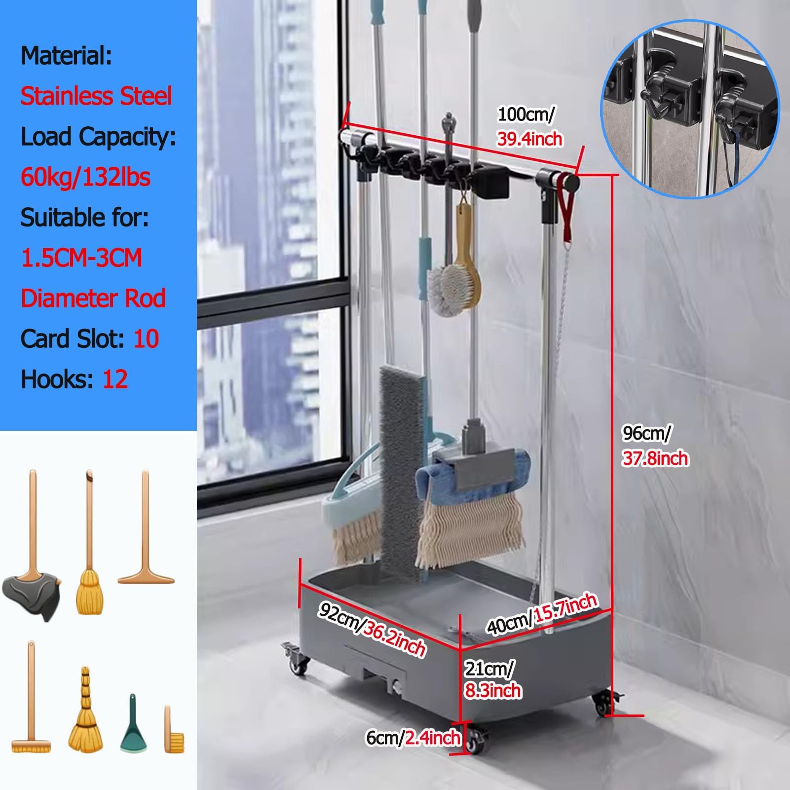 Broom Mop Holder Cleaning Supplies Organizer, Heavy Duty Commercial Broom Storage Rack Rolling Home Tool Cart, for Kindergartens Closet Kitchen, Easy to Assemble ( Size : 100x40x96cm/39.4x15.7x37.8inc