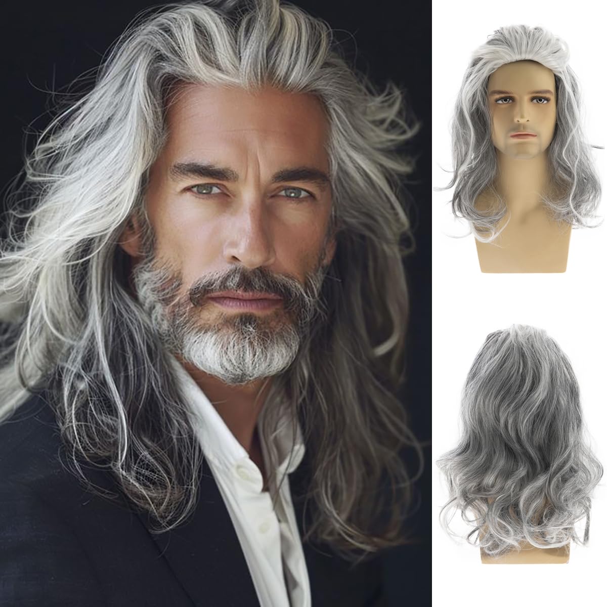 Dsimeig Long Wavy Grey Wigs for Men Synthetic Heat Resistant Cosplay Halloween Costume Wig,White&Grey