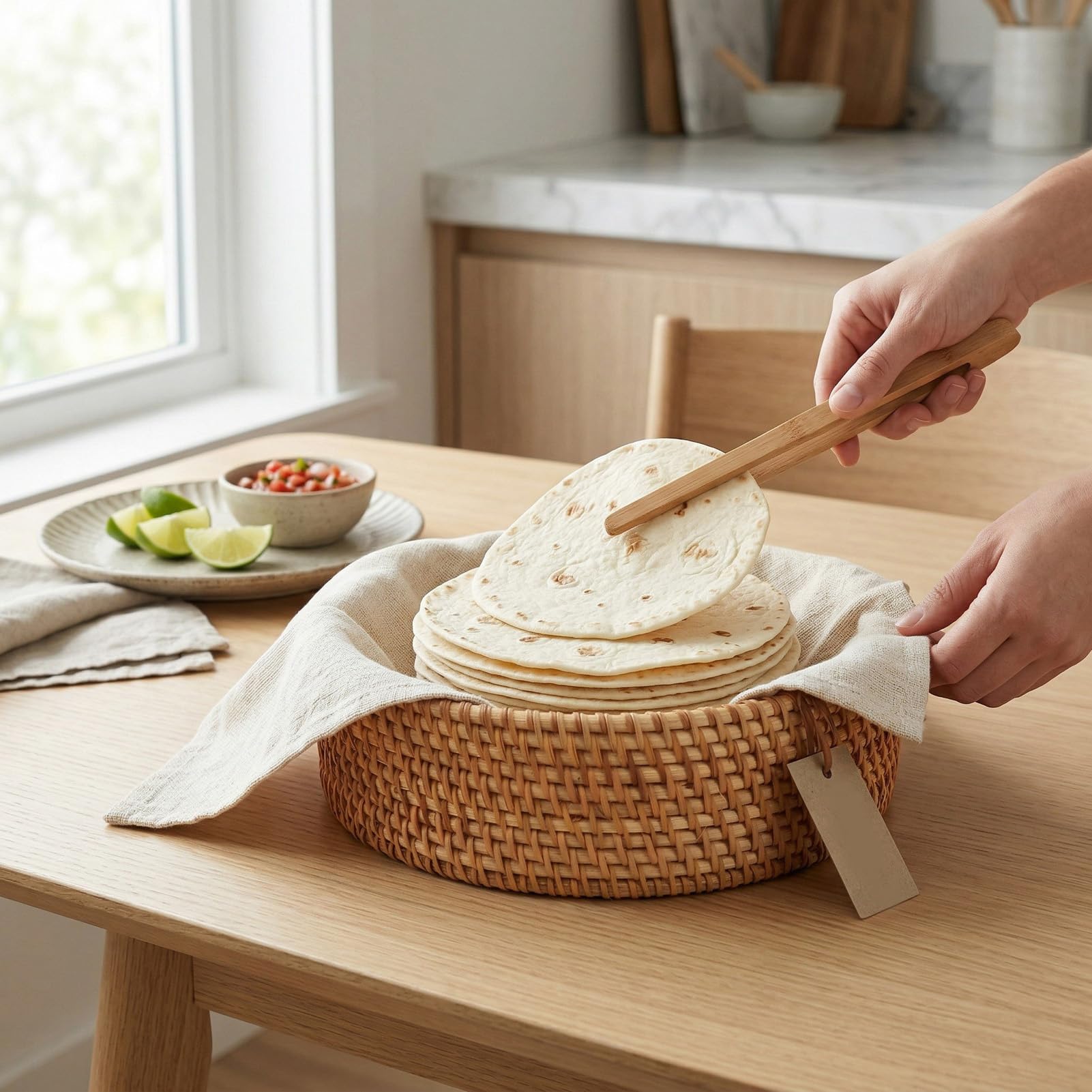 Demeras Cesta Calentadora de Tortillas Tejida a Mano de Ratán con Tapa, Estilo Mexicano, para Comidas Familiares, Decoración de Cocina, 10,2x3,5 Pulgadas