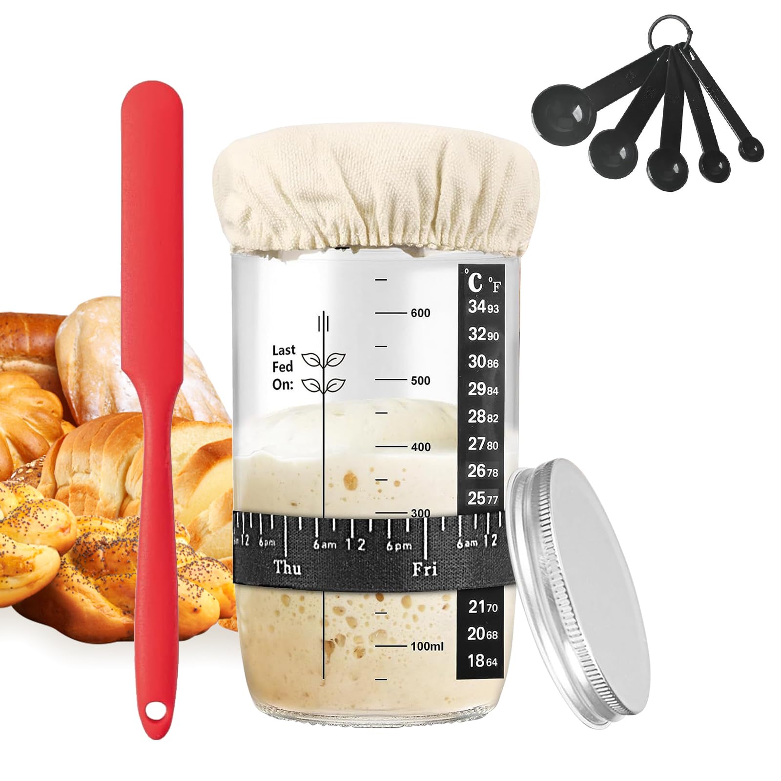 Zhouzglass Transparent 1000Ml Sourdough Starter Jar Kit Lid Set, Sourdough Bread Baking Supplies, Sourdough Starter Kit With Date Marked Feeding Band, Thermometer, Silicone Scraper, Spoons, Sewn Cloth Cover