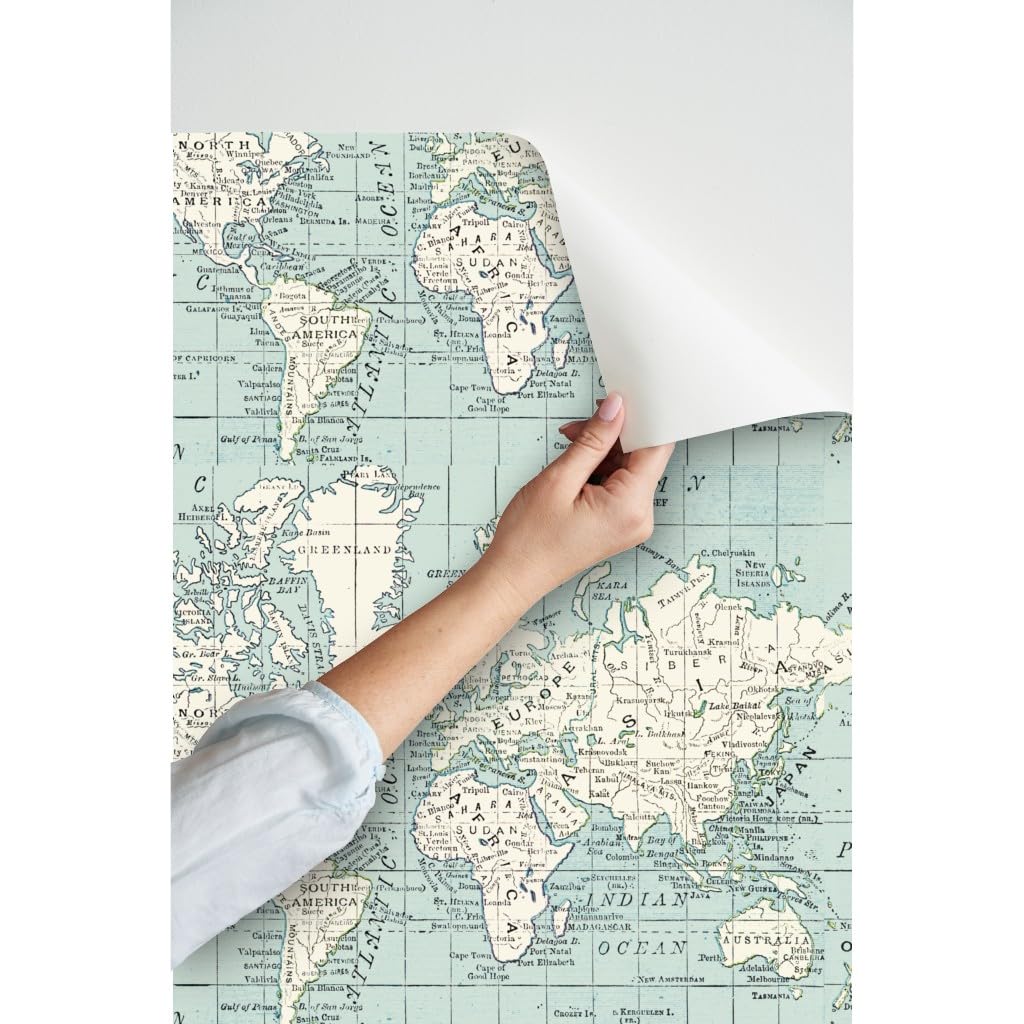 Peel & Stick Wallpaper 6ft x 2ft - Soft Blue Cream World Map Vintage Gray White Cheater Quilt Geography Travel Baby Boy Room Custom Removable Wallpaper by Spoonflower