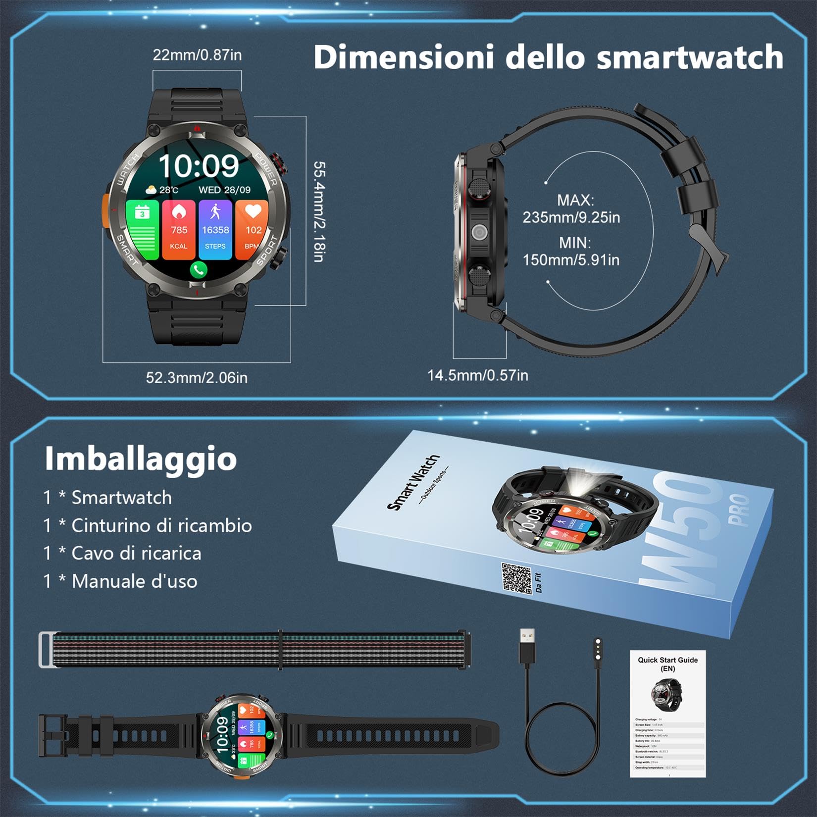 Smartwatch Uomo, Orologio Smartwatch Uomo con Torcia/Bussola, 1.45" Orologio Intelligente con Effettua/Risposta, 120+Modalità Sportive, 2 Cinturini, Smart Watch per Android iOS